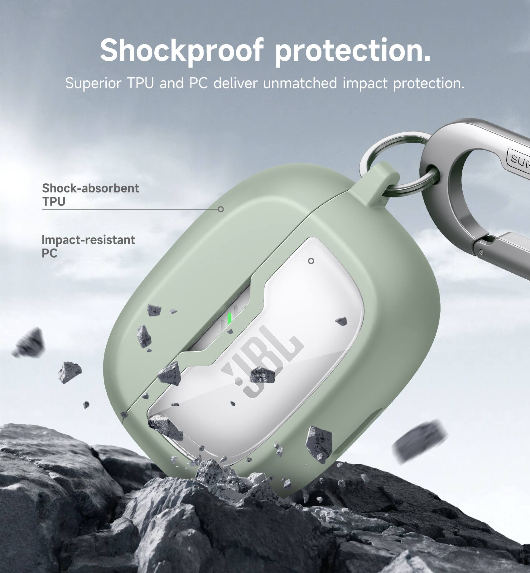 Shockproof protection. Superior TPU and PC deliver unmatched impact protection. SUR Shock-absorbent TPU Impact-resistant PC