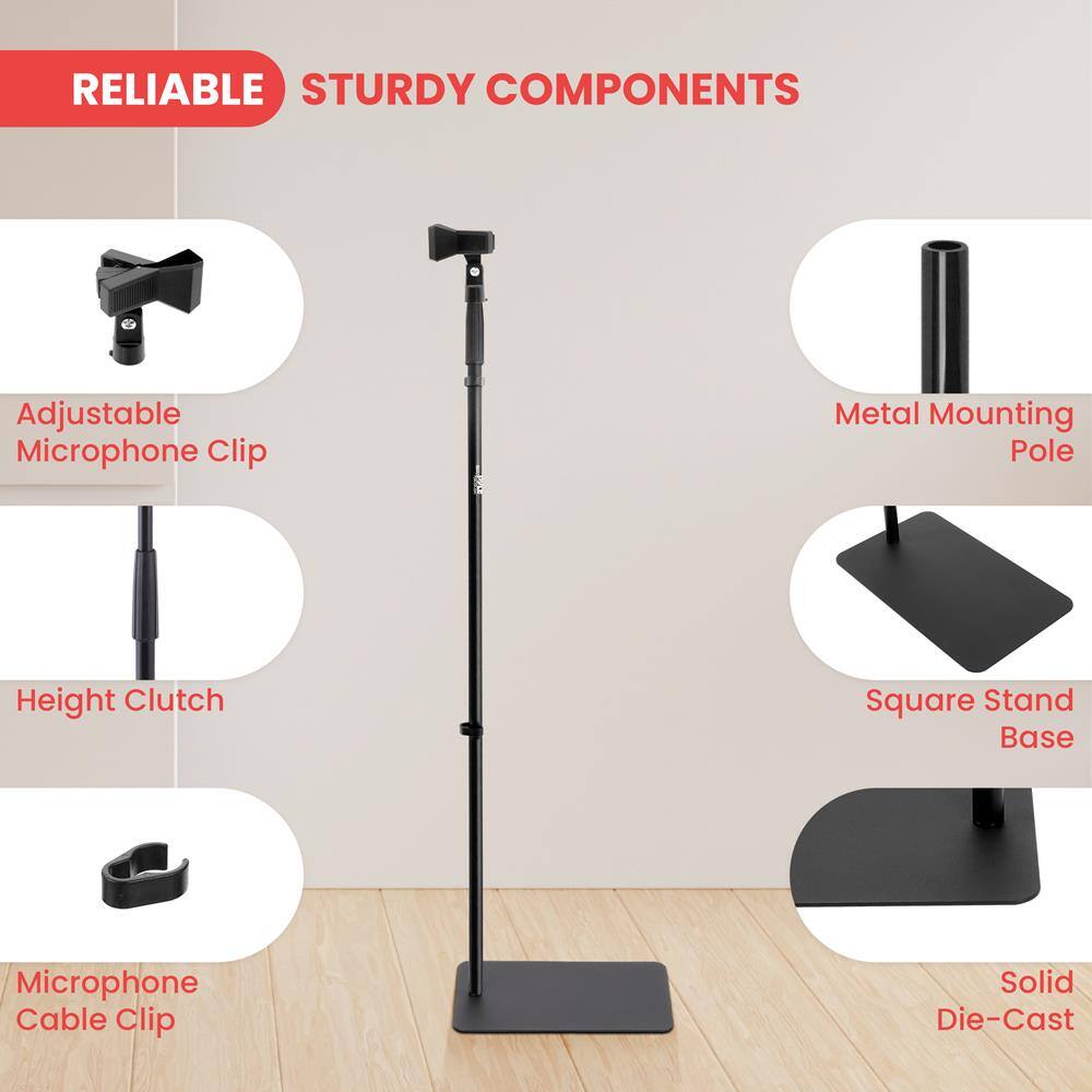 RELIABLE STURDY COMPONENTS

- Adjustable Microphone Clip
- Height Clutch
- Metal Mounting Pole
- Square Stand Base
- Microphone Cable Clip
- Solid Die-Cast