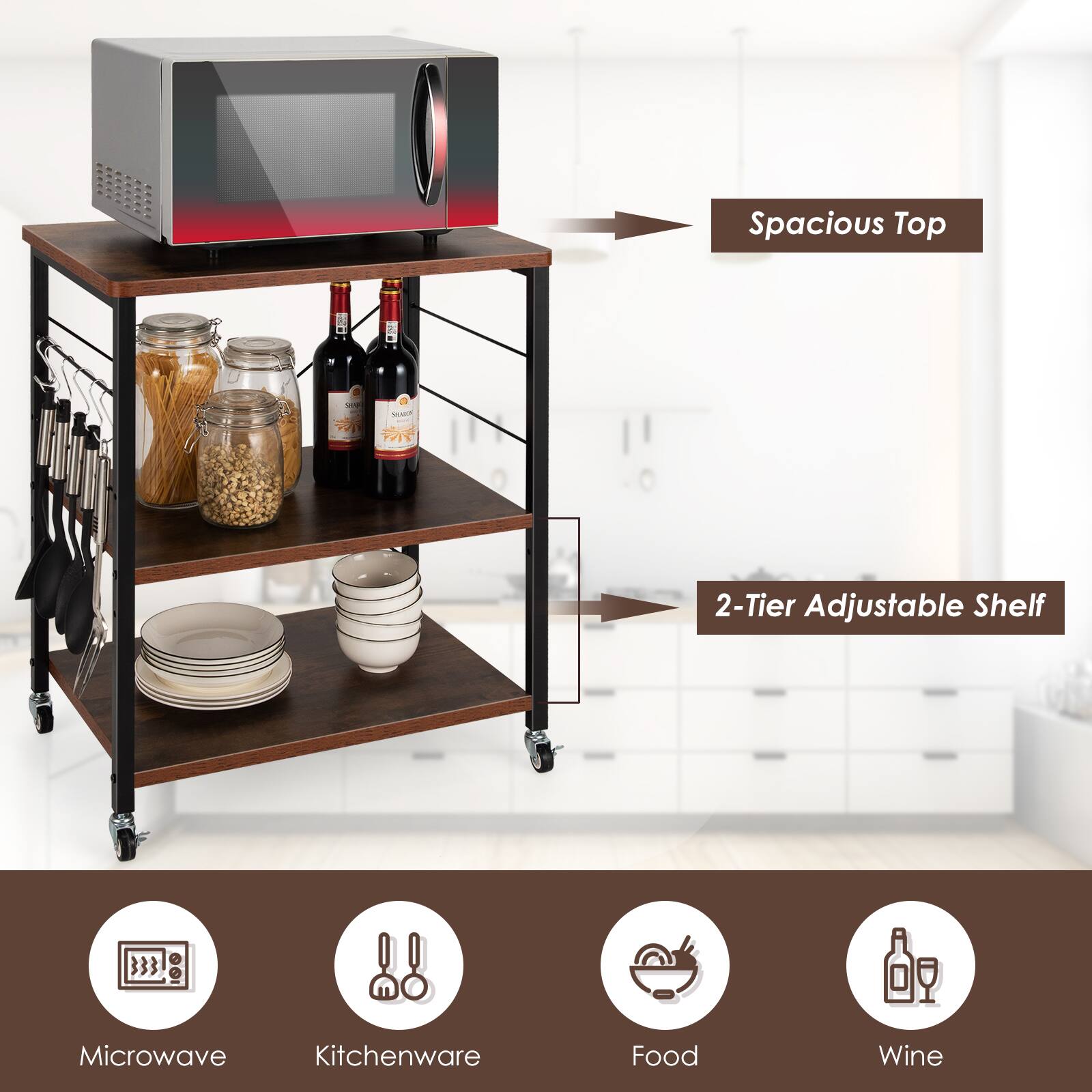 Spacious Top, 2-Tier Adjustable Shelf, Microwave, Kitchenware, Food, Wine