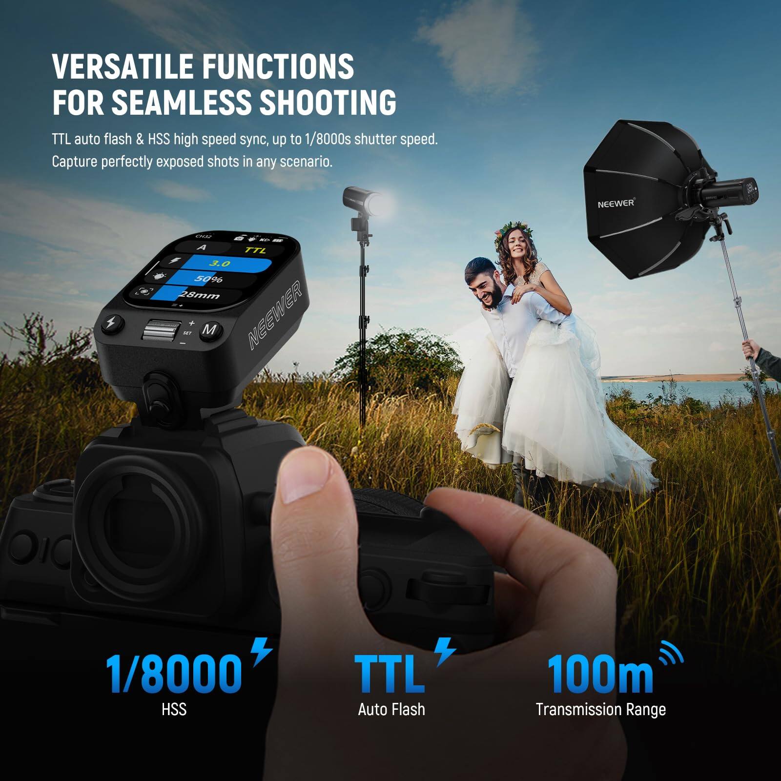 VERSATILE FUNCTIONS FOR SEAMLESS SHOOTING  
TTL auto flash & HSS high speed sync, up to 1/8000s shutter speed.  
Capture perfectly exposed shots in any scenario.  

NEEWER 4 NA - A TL 3.0 5096 28mm R + NEEW M M OI 1/8000 HSS TTL Auto Flash 100m Transmission Range