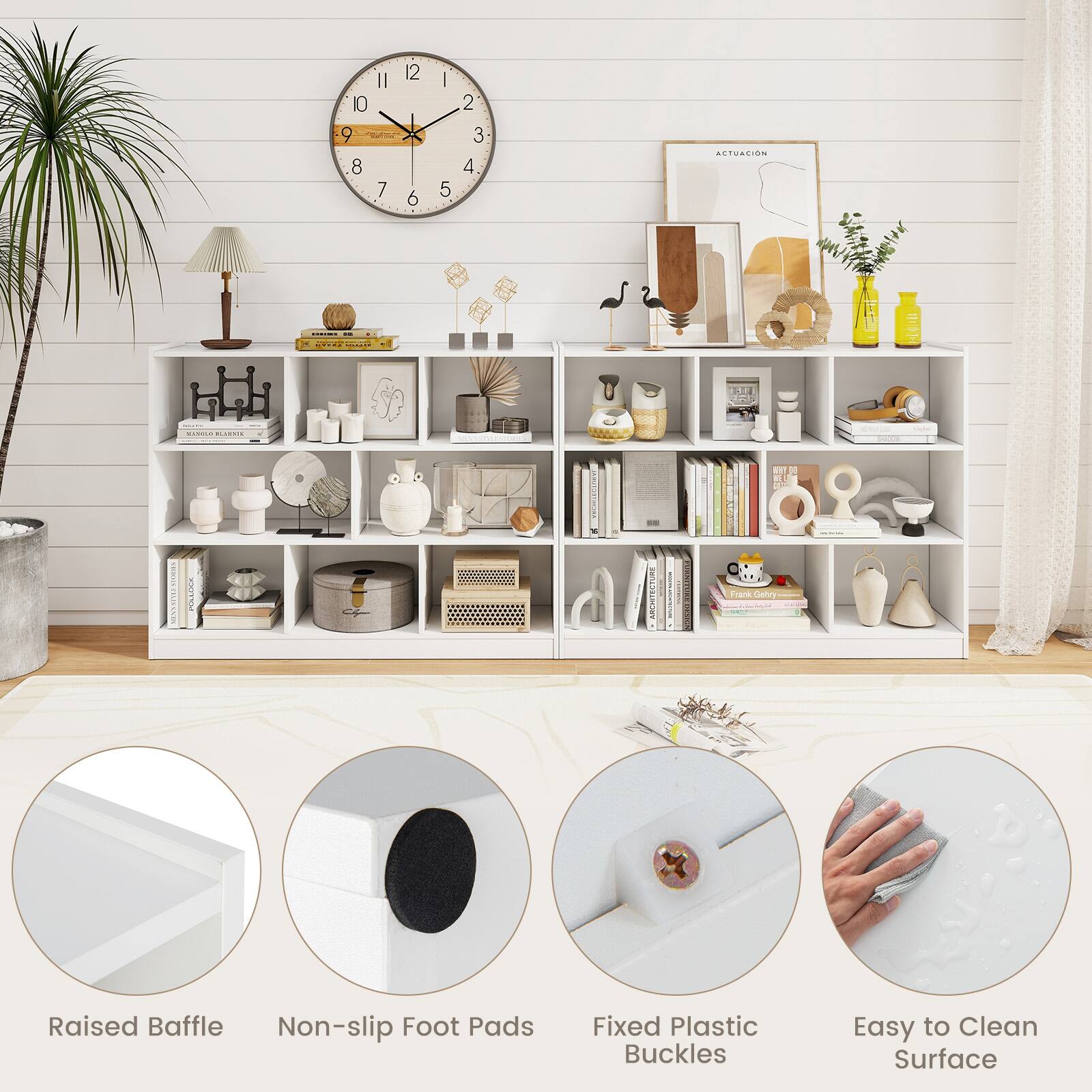 The text on the image is grouped and corrected as follows:

1. Raised Baffle: Non-slip Foot Pads
2. Fixed Plastic Buckles: Easy to Clean Surface
3. Easy to Clean Surface: Raised Baffle
4. Raised Baffle: Fixed Plastic Buckles
5. Fixed Plastic Buckles: Raised Baffle
6. Raised Baffle: Easy to Clean Surface
7. Easy to Clean Surface: Fixed Plastic Buckles
8. Fixed Plastic Buckles: Raised Baffle
9. Raised Baffle: Easy to Clean Surface
10. Easy to Clean Surface: Fixed Plastic Buckles