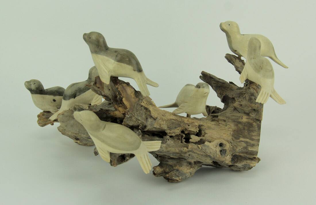 Alt View 2. Things2Die4 - 7 Seals On Old Log Hand Carved Wood Statue - Brown.