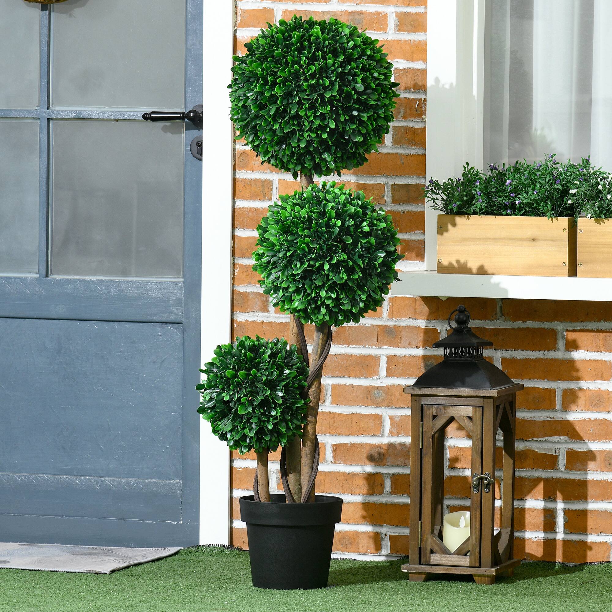 Alt View 1. Homcom - Artificial Tree, Triple Ball Boxwood Topiary with Pot and Sandalwood Leaves - Green.