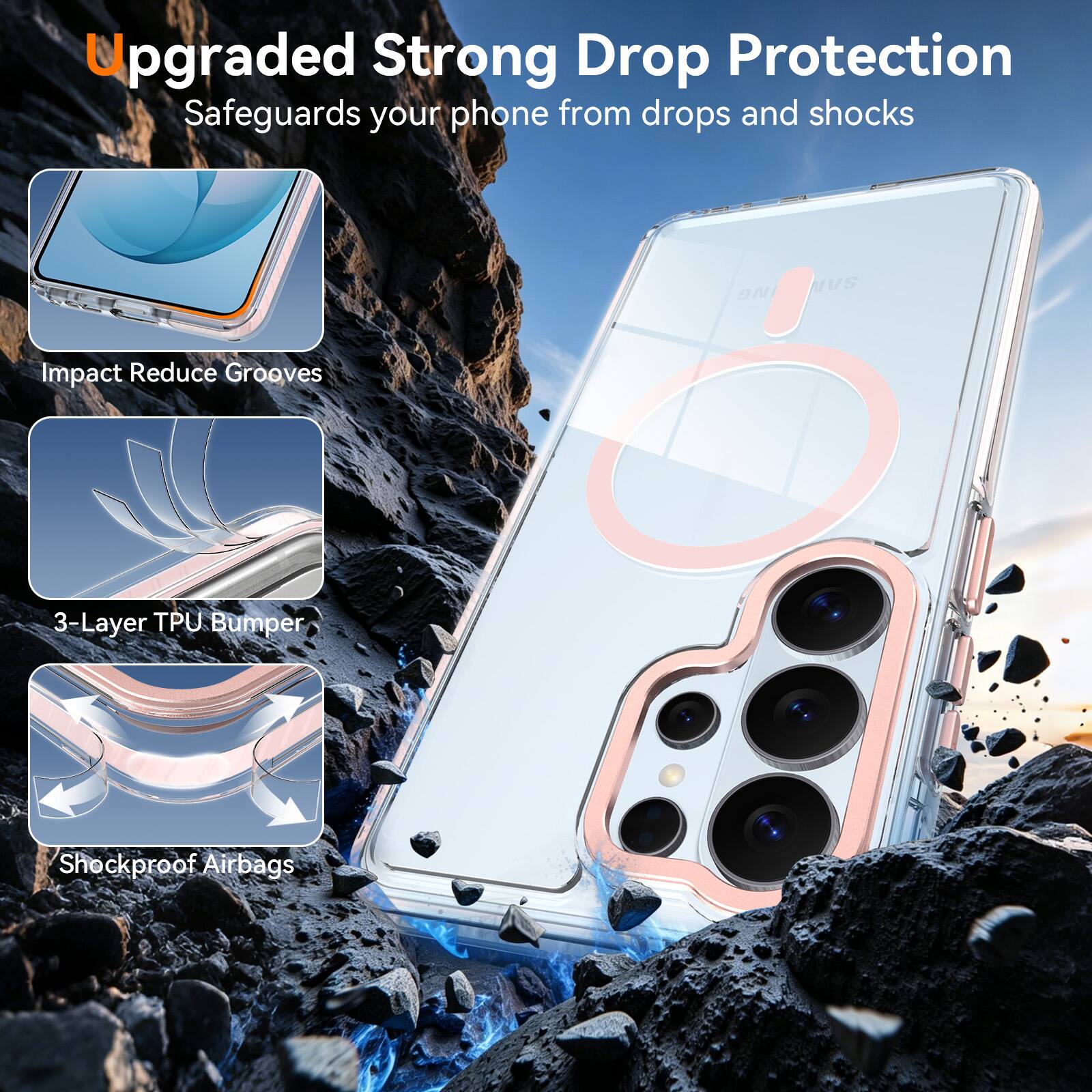 Upgraded Strong Drop Protection  
Safeguards your phone from drops and shocks

- Impact Reduce Grooves
- 3-Layer TPU Bumper
- Shockproof Airbags