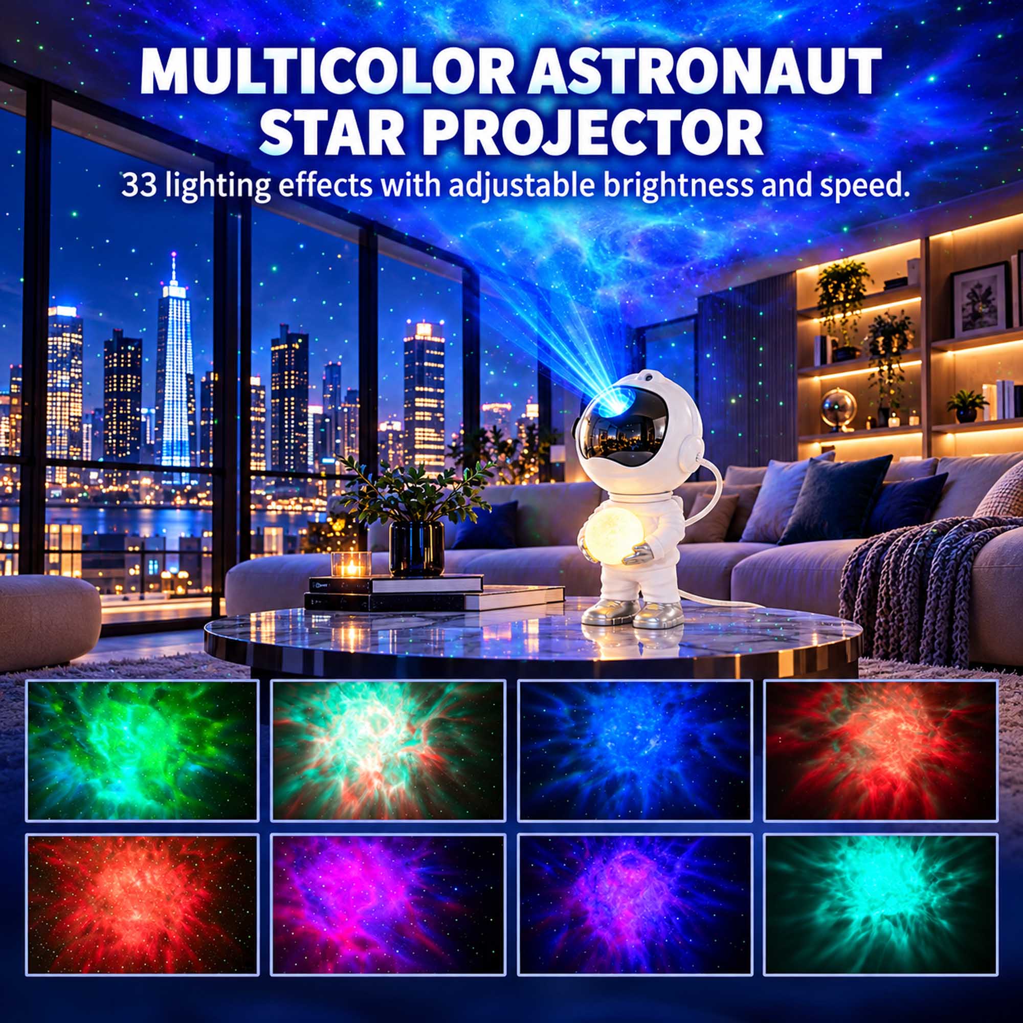 MULTICOLOR ASTRONAUT STAR PROJECTOR  
33 lighting effects with adjustable brightness and speed.