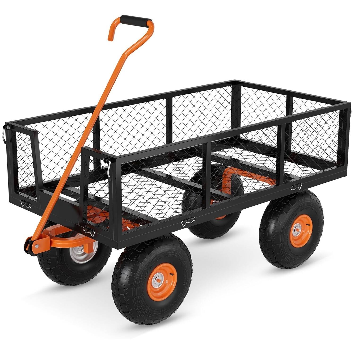 Front. GARVEE - 900 Lbs Capacity Steel Garden Cart, 3-in-1 Utility Metal Wagon, with Removable Mesh Sides - Black and Orange.