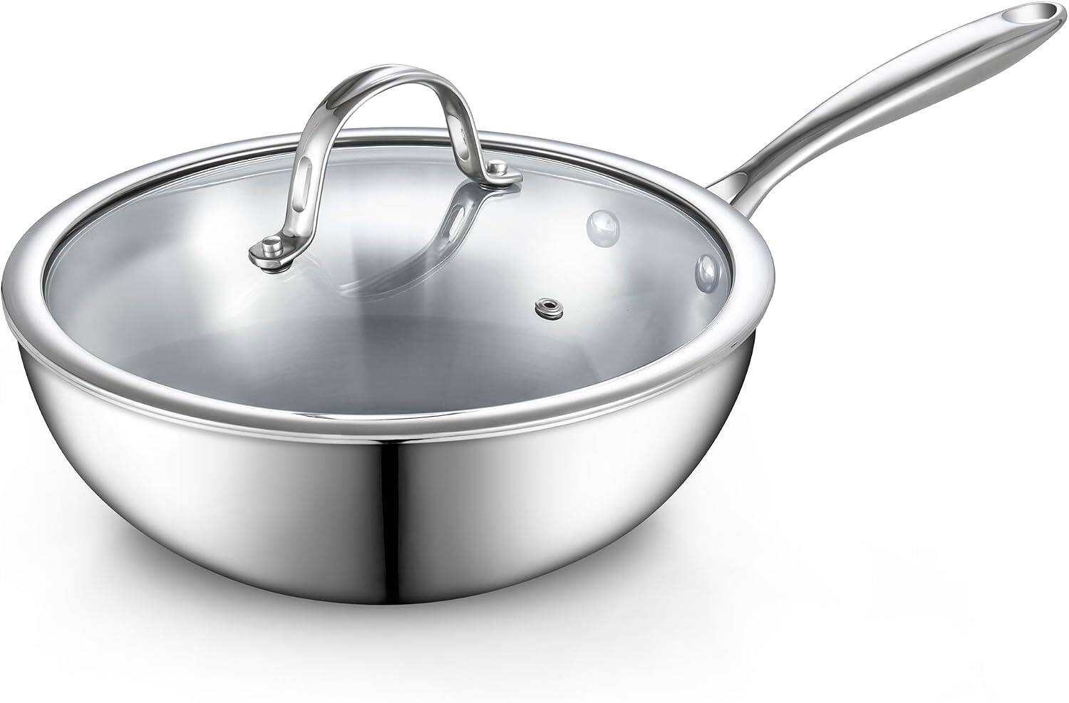 Cooks Standard - Multi-Ply Clad 10.5" Stir Fry Pan with Lid Deep Flat Bottom Wok,Dishwasher & Oven Safe, Induction - Stainless Steel