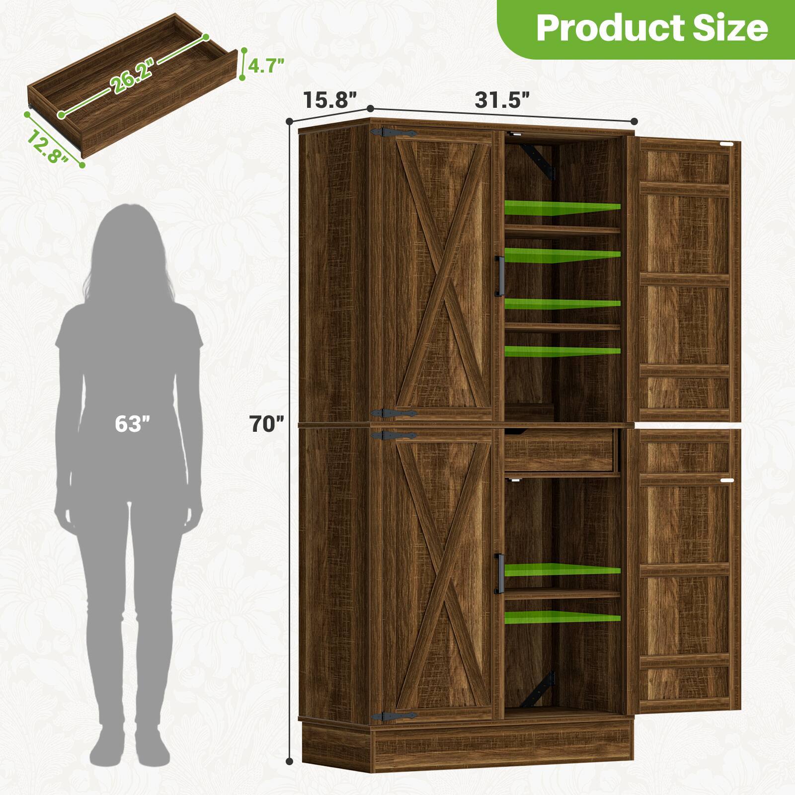12.8" x 26.2" (4.7" x 4.7" x 15.8")  
Product Size: 31.5" x 63" x 70"