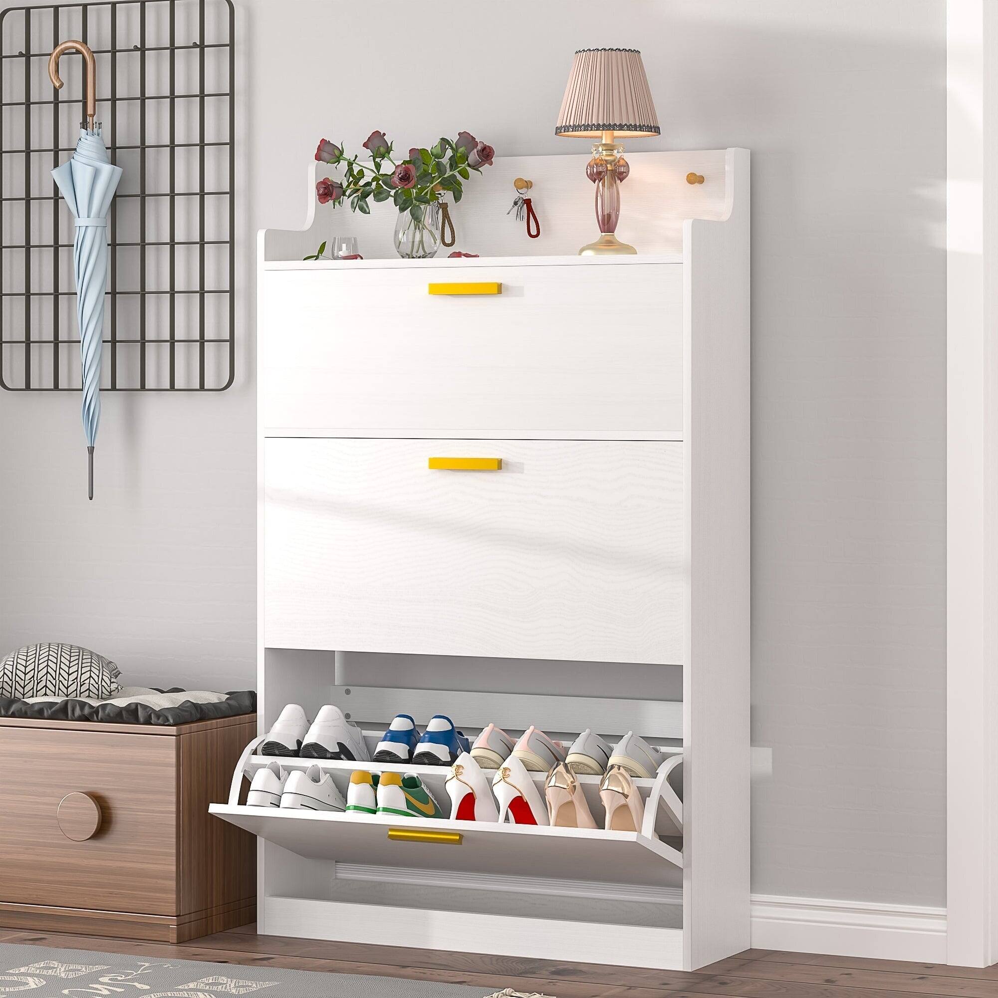 Alt View 4. Vecelo - Entryway Shoe Cabinet with 2 Flip Drawers, Adjustable Storage, Hooks, for Small Spaces – Modern Design - White.