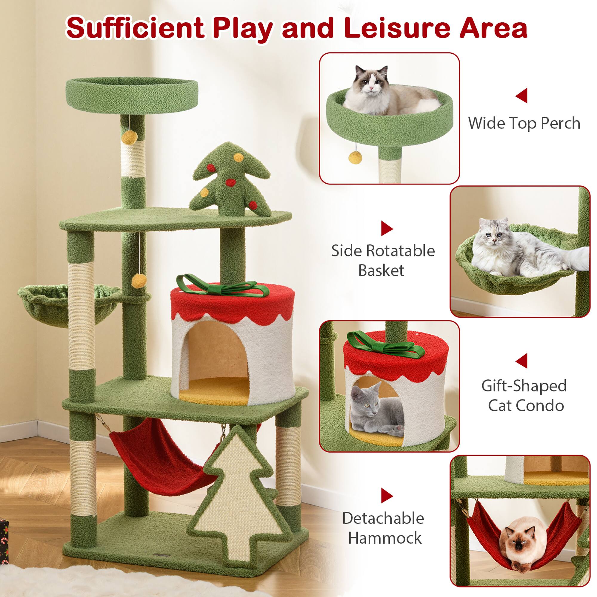 Sufficient Play and Leisure Area

- Wide Top Perch
- Side Rotatable Basket
- Gift-Shaped Cat Condo
- Detachable Hammock