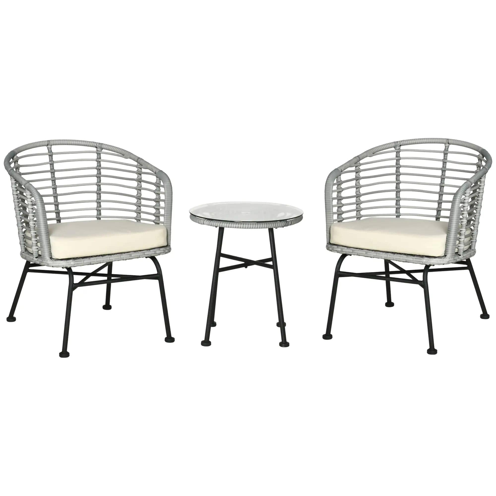 Resenkos - 3 Pieces Patio Bistro Set, Two Hand-Woven PE Wicker Chairs And A Glass Bistro Table - Cream White