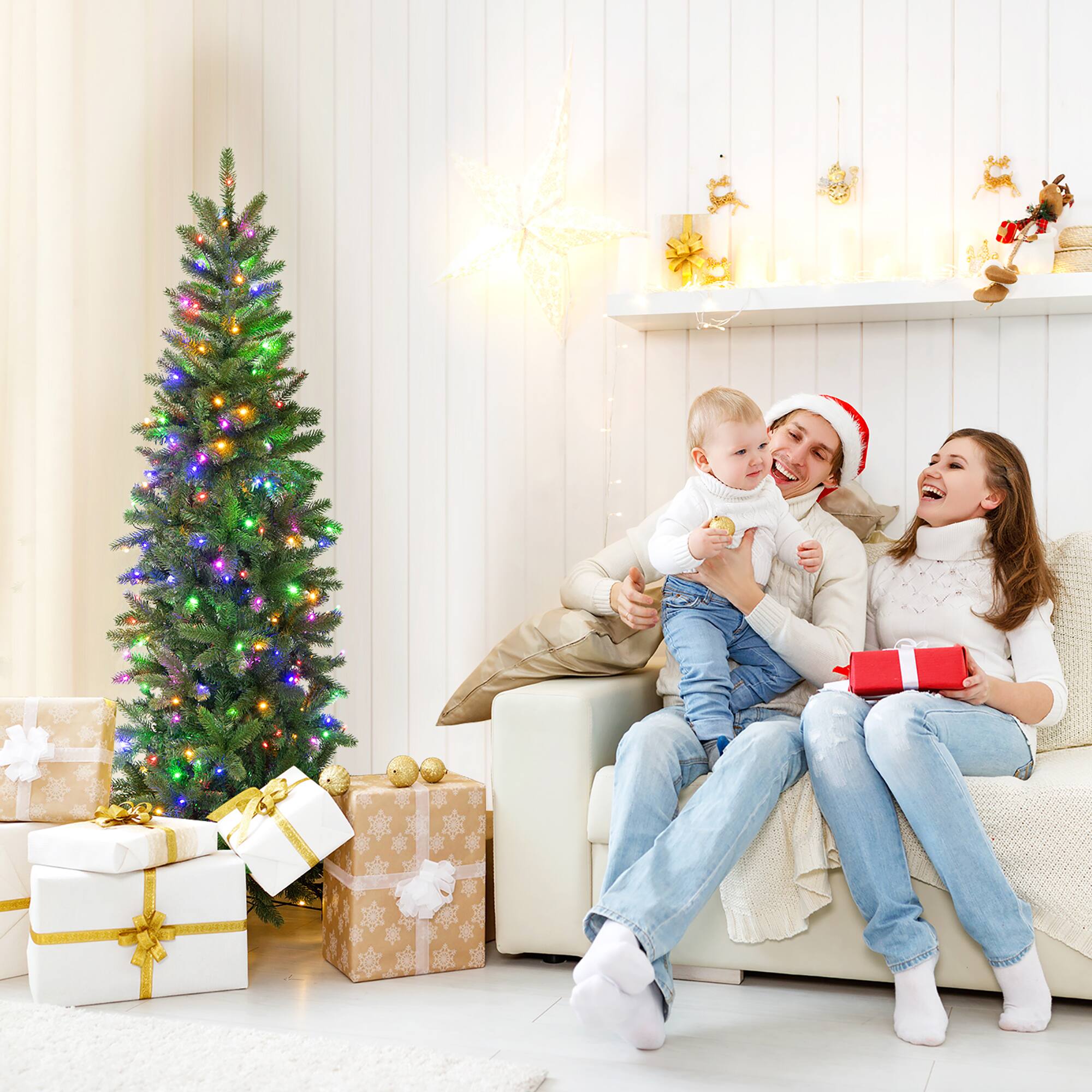 Alt View 5. Gymax - Gymax 5FT Hinged Pre-lit Christmas Slim Pencil Tree w/ 10 Lighting Modes & 390 Tips - Green.