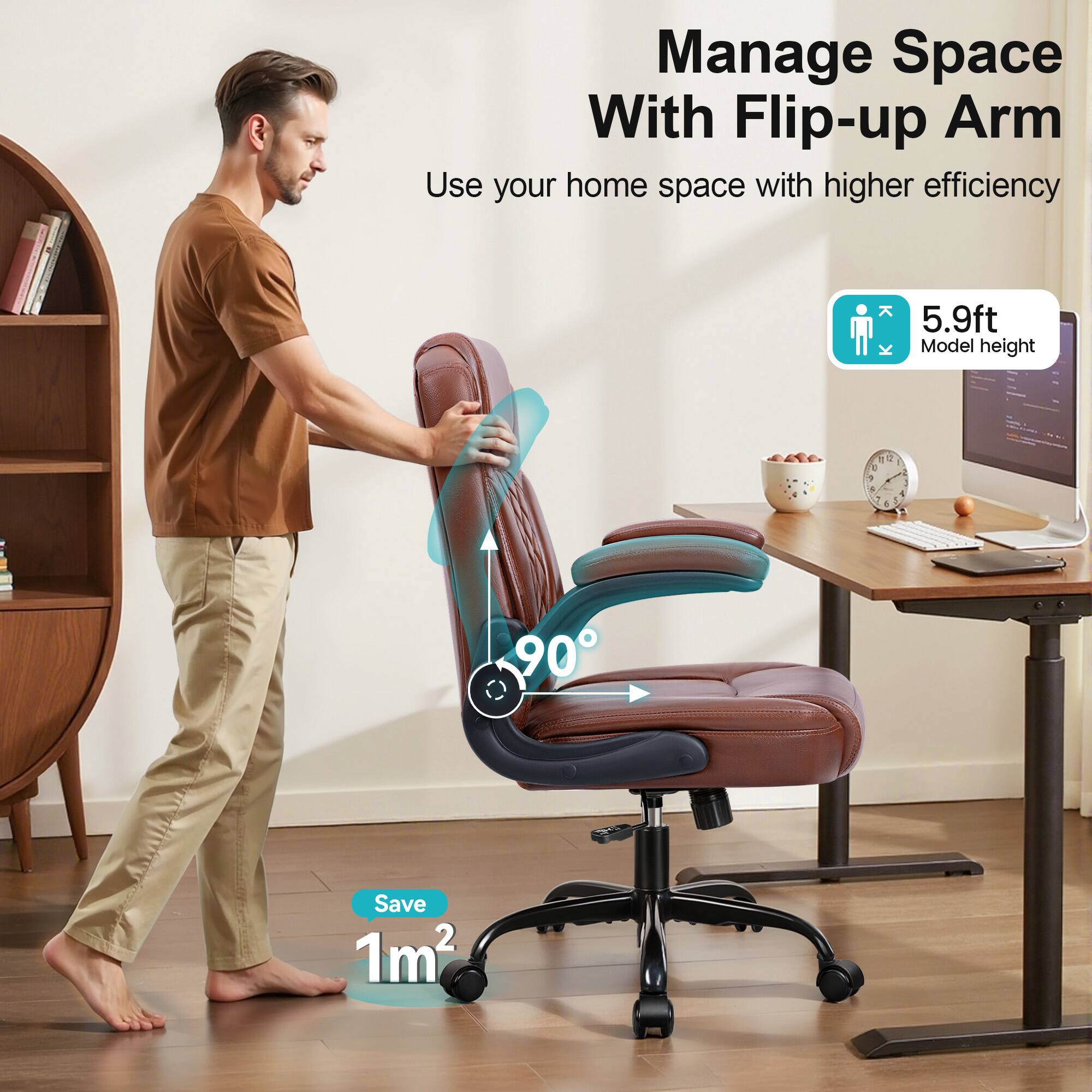 Manage Space With Flip-up Arm  
Use your home space with higher efficiency  

5.9ft Model height  

Save 1m²