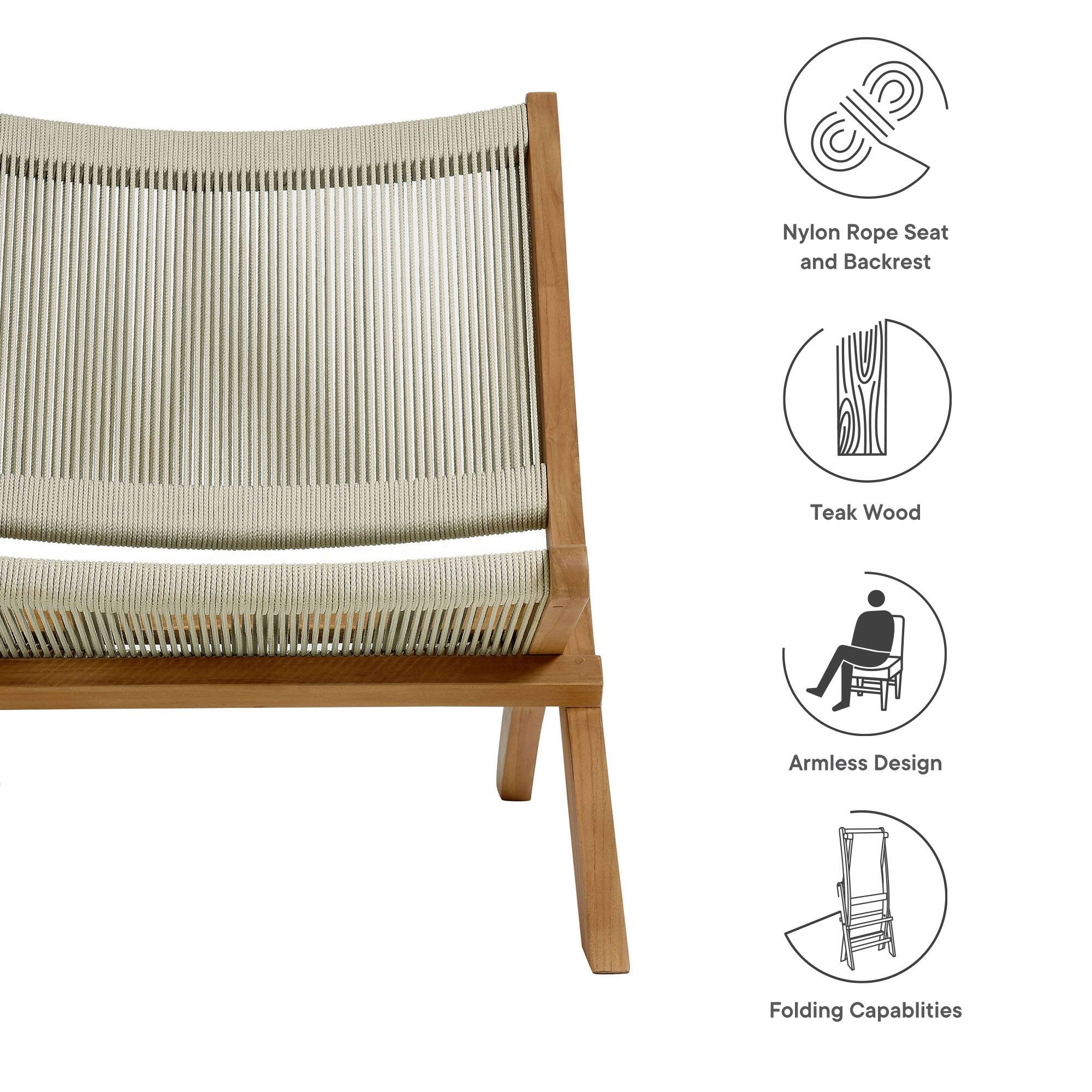 Nylon Rope Seat and Backrest  
Teak Wood  
Armless Design  
Folding Capabilities