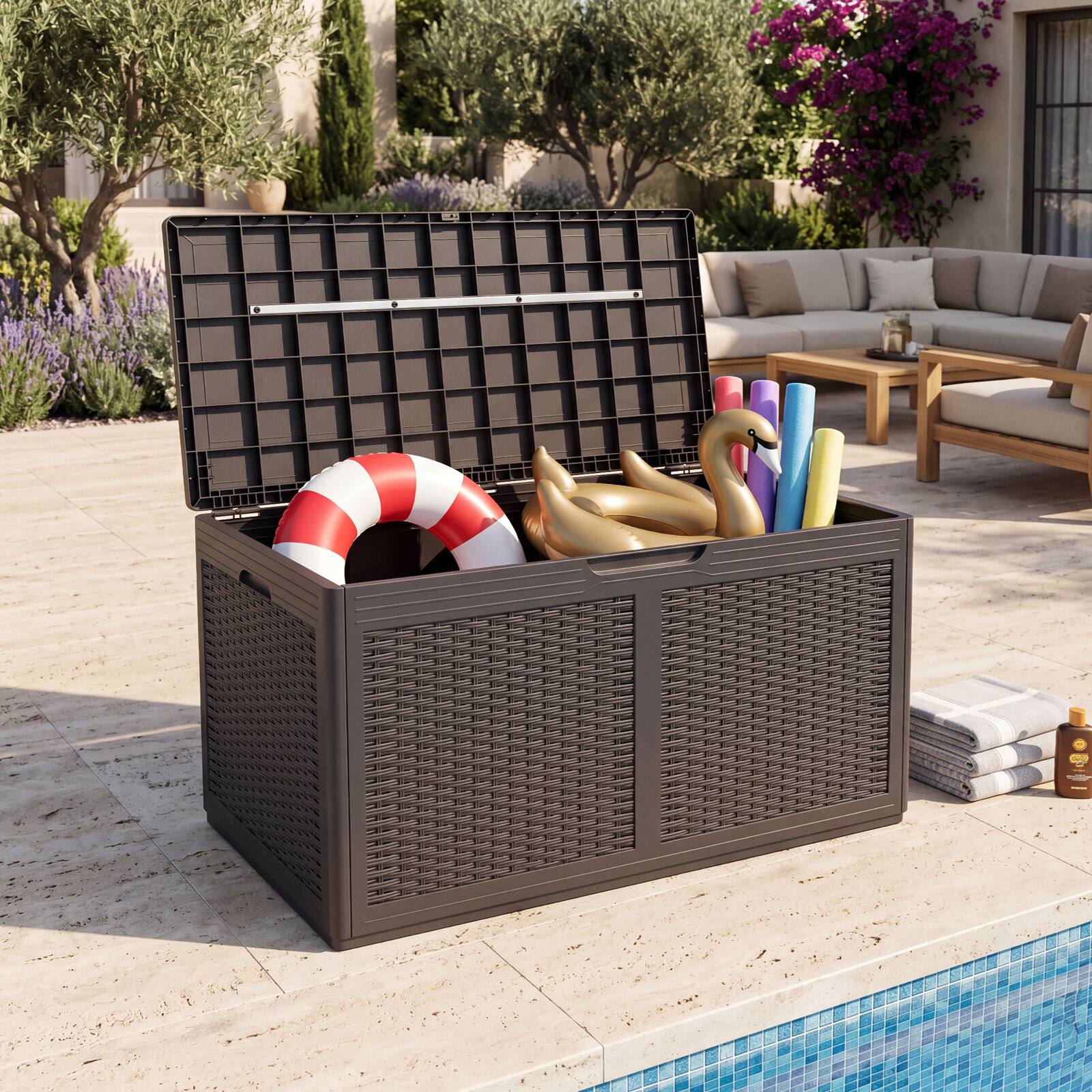 Alt View 3. Gymax - Gymax 100 Gallon Resin Deck Box w/ Lockable Lid Wheels for Pool Accessories Brown - Brown.