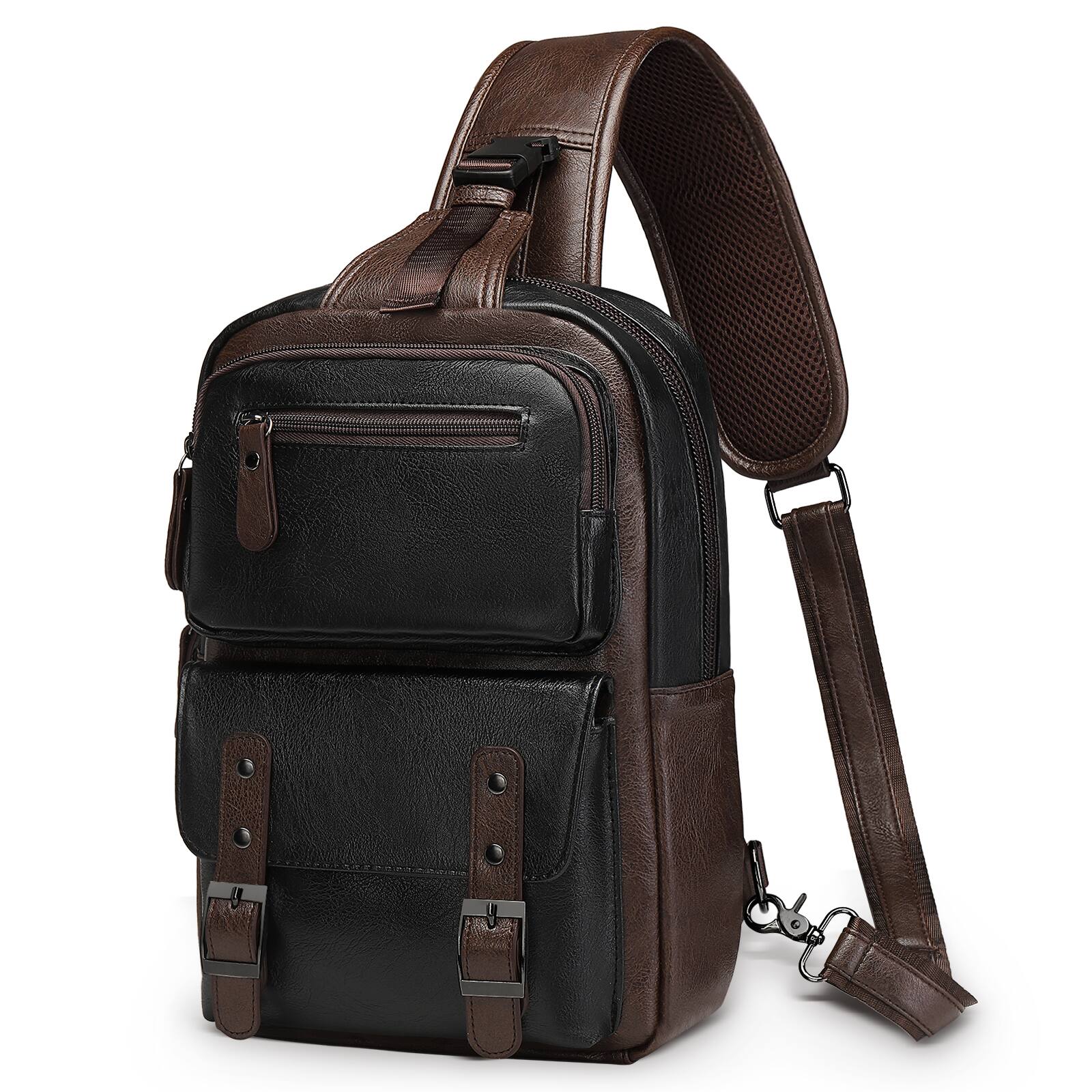 Front. Unique Bargains - Vintage PU Leather Sling Backpack Crossbody Shoulder Bag with Adjustable Strap Multi-Pocket Compact Travel Chest Bag - Brown Black.