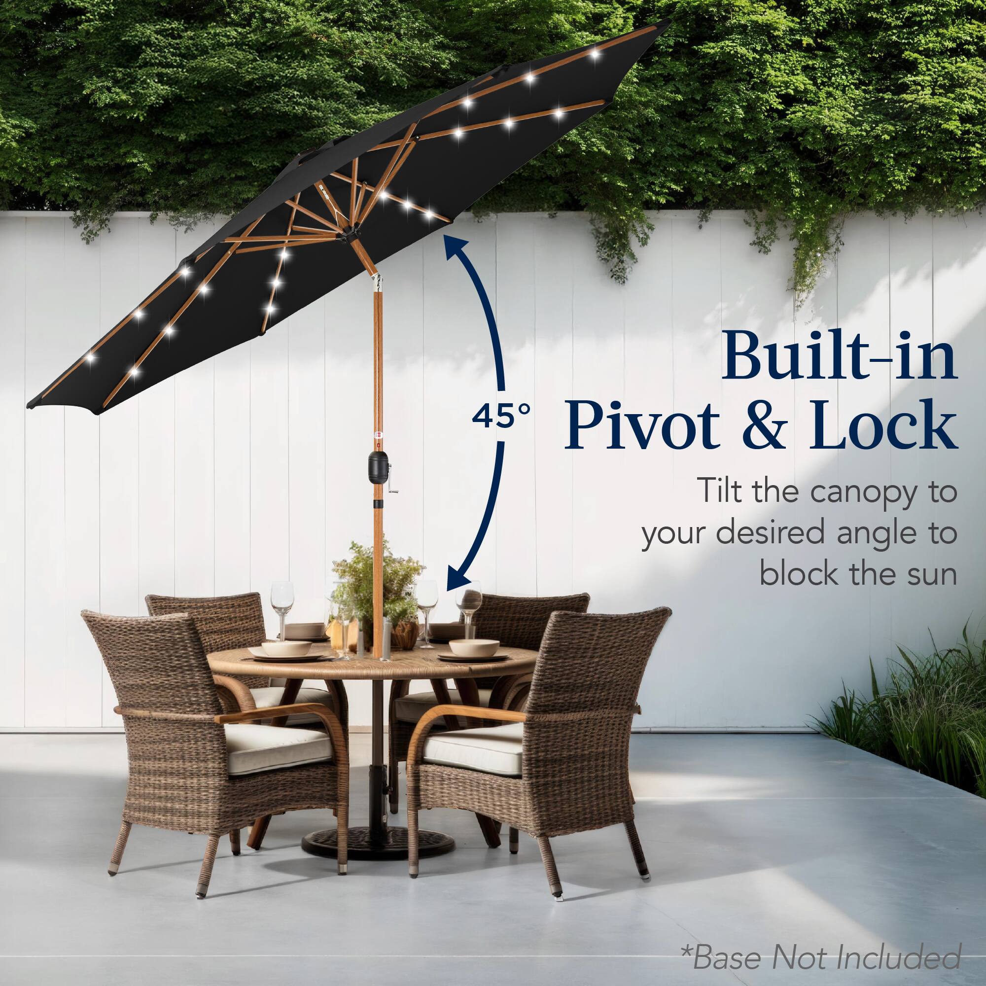 Built-in 45° Pivot & Lock  
Tilt the canopy to your desired angle to block the sun  
*Base Not Included