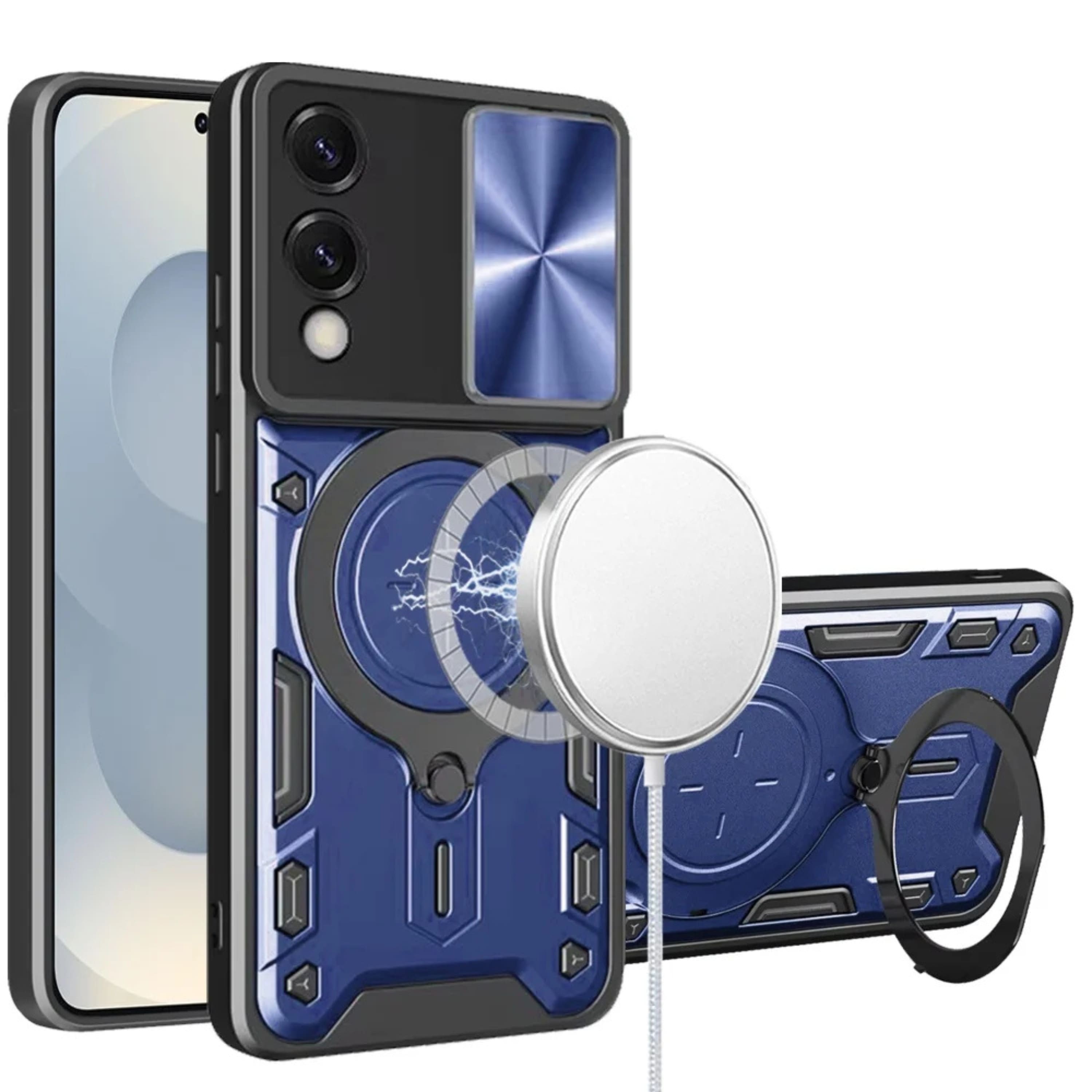 Kitcheniva - Hybrid Magnetic Ring Stand Phone Case With Camera Protection And Tempered Glass For Samsung S25 Edge - Blue