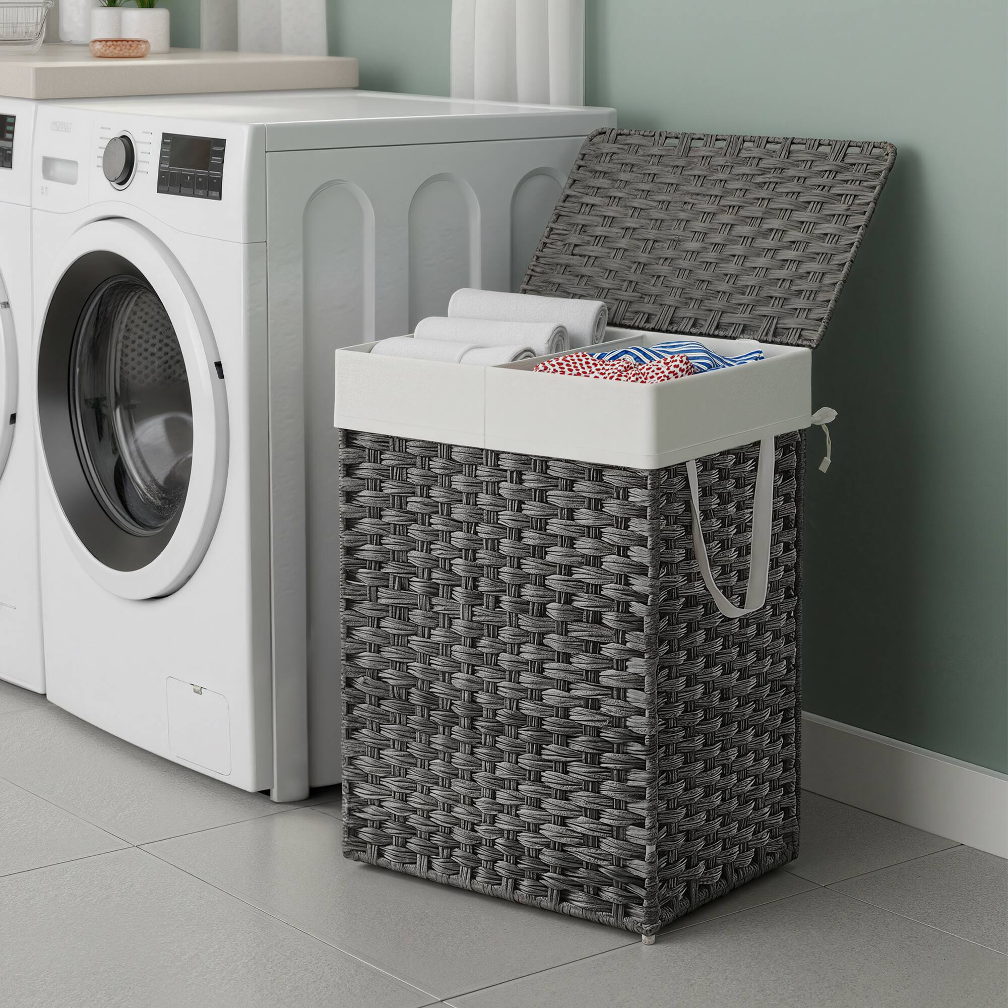 Back. Songmics Home - Laundry Hamper, 23.8 Gal. (90 L) Laundry Basket with Lid, Removable Bag with Handles, Handwoven Synthetic Rattan - Gray.