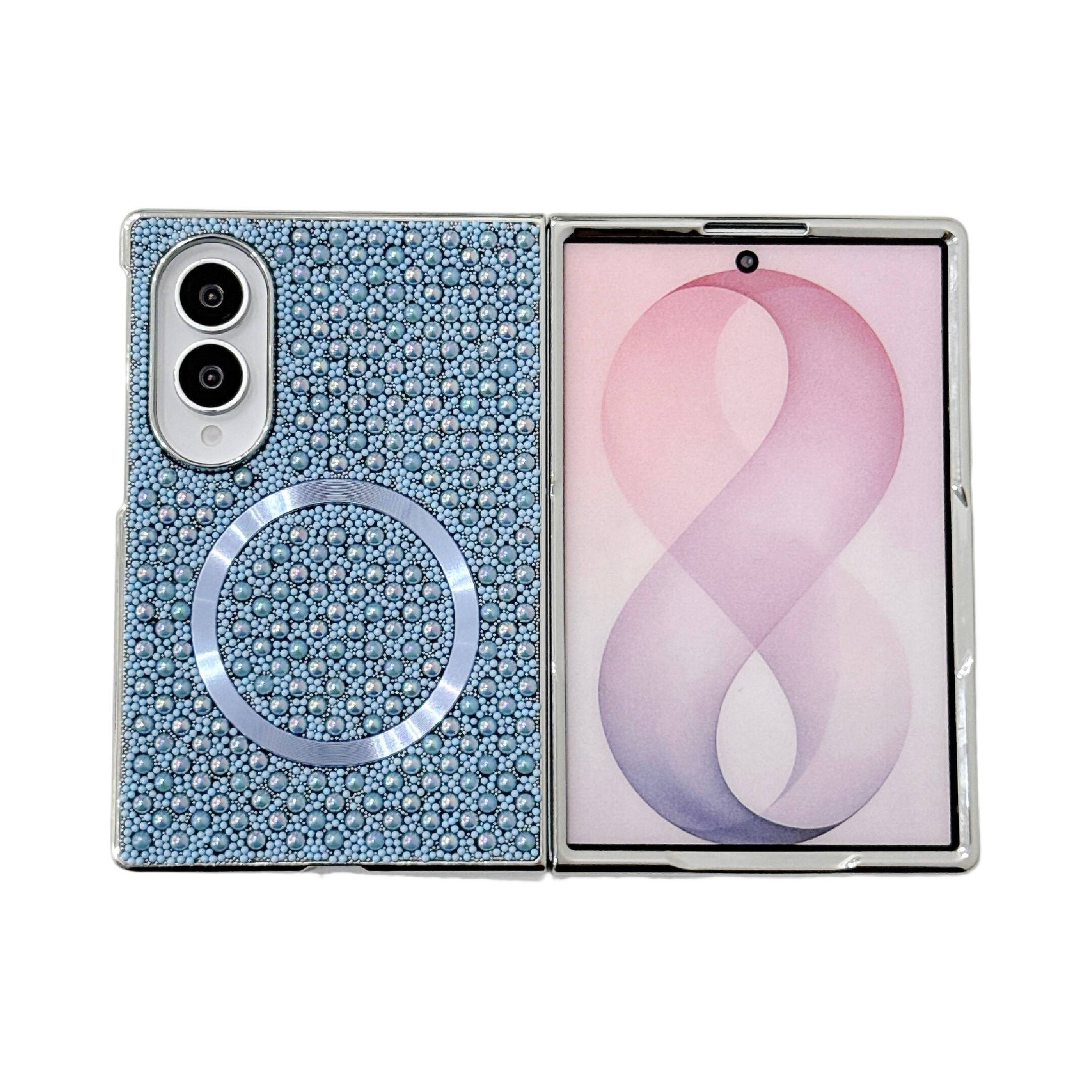 Angle. Dteck - Electroplated Silver Frame Magnetic Case for Samsung Galaxy Z Fold8, Glitter Pearl Shockproof Rigid Plastic Phone Cover - Blue.