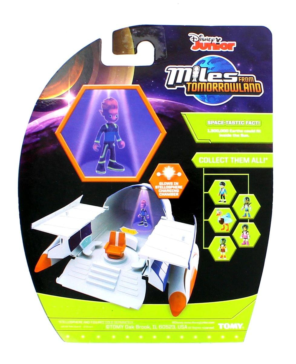 Disney Junior  
Miles from Tomorrowland  

SPACE-TASTIC FACT!  
1,300,000 Earth could fit inside the Sun.  

COLLECT THEM ALL!  

GLOWS IN STELLOSPHERE CHARGING CHAMBER  

STELLOSPHERE AND FIGURES COLLECTOR  

TOMY Oak Brook, IL 80523, USA