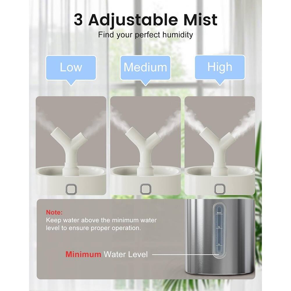 3 Adjustable Mist  
Find your perfect humidity  

Low  
Medium  
High  

Note: Keep water above the minimum water level to ensure proper operation.  

Minimum Water Level