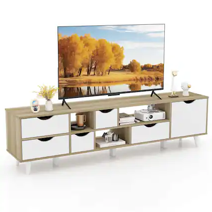 Front. Costway - TV Stand for TVs up to 65" with Storage 5 Drawers & 3 Open Shelves for Bedroom - Oak.