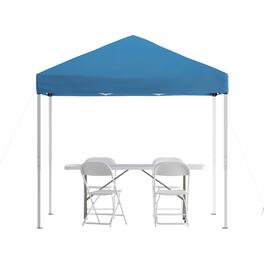 Flash Furniture - Otis Portable Tailgate/Event Tent Set - 8'x8' Blue Pop Up Canopy Tent, 6-Foot Bi-Fold Table, Set of 4 White Folding Chai