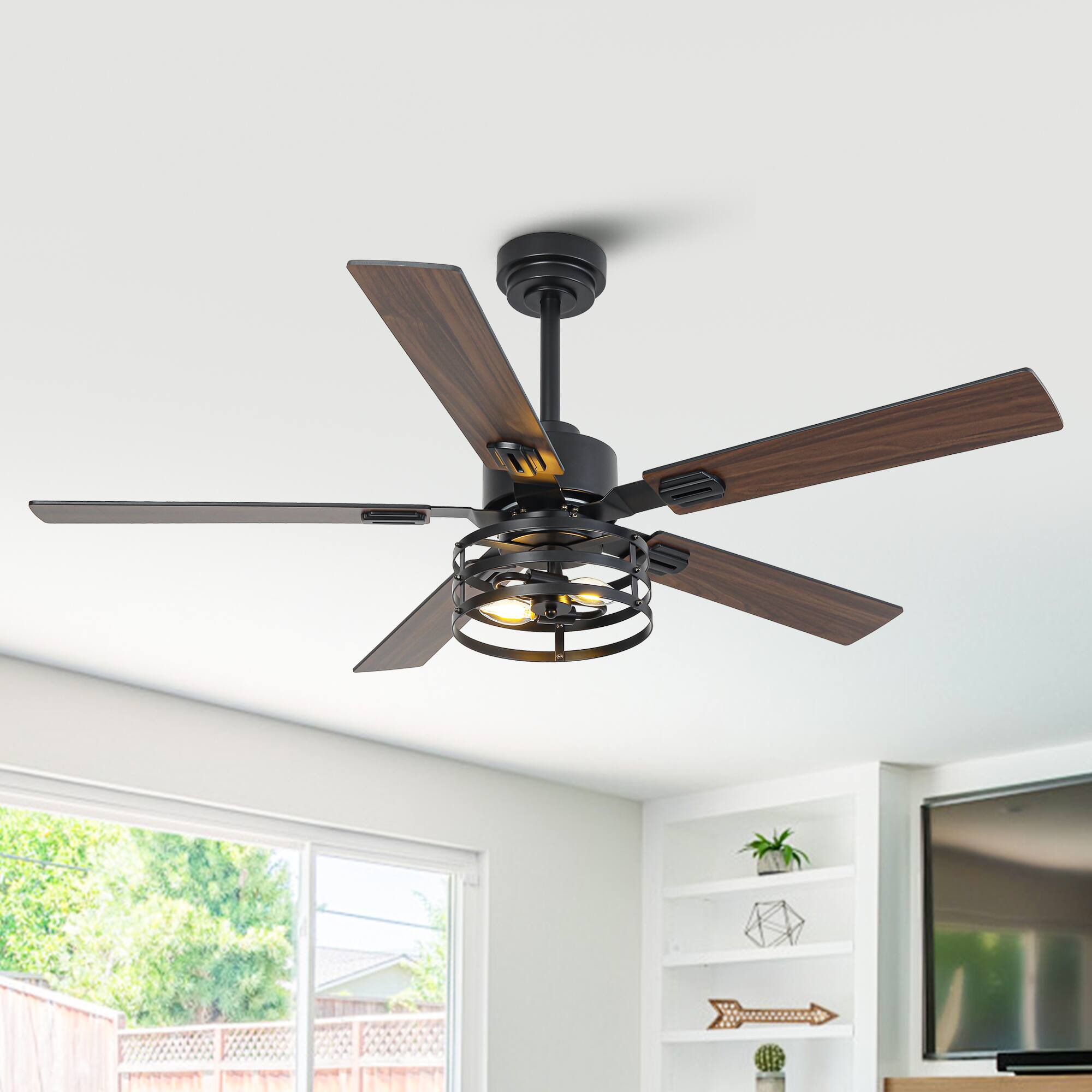 Back. Vaczon - 52" Industrial Black 6-Speed Metal Cage Ceiling Fan with Light and APP - Black.