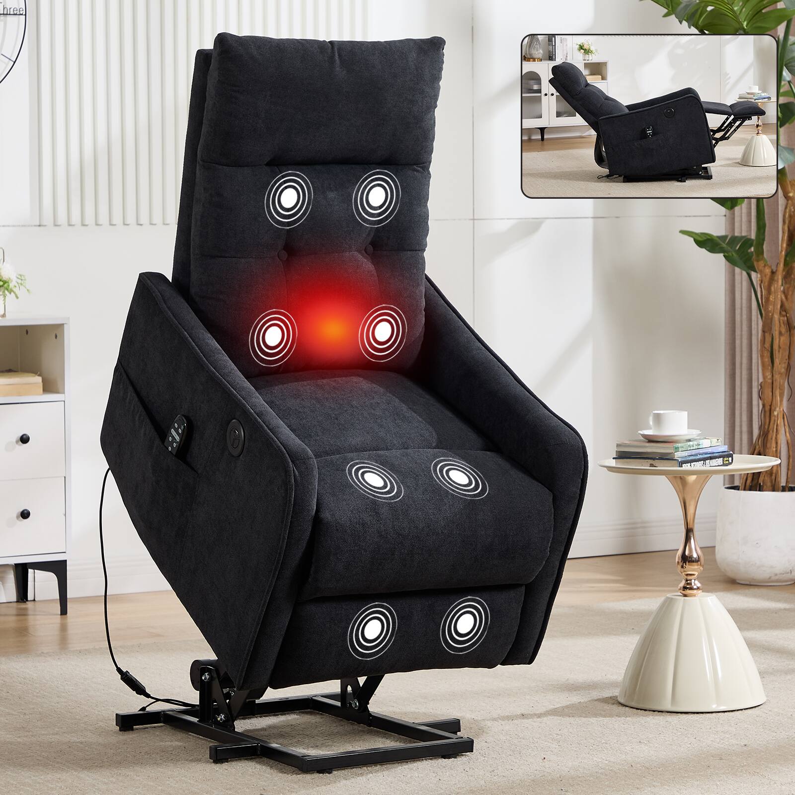 Angle. LUCKY ONE - Chenille Single Motor Power Lift Recliner Chair with Massage, Heat & USB Charging - Black.