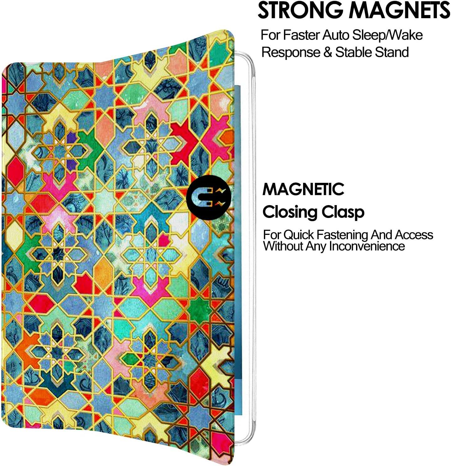 STRONG MAGNETS For Faster Auto Sleep/Wake Response & Stable Stand

MAGNETIC Closing Clasp For Quick Fastening And Access Without Any Inconvenience