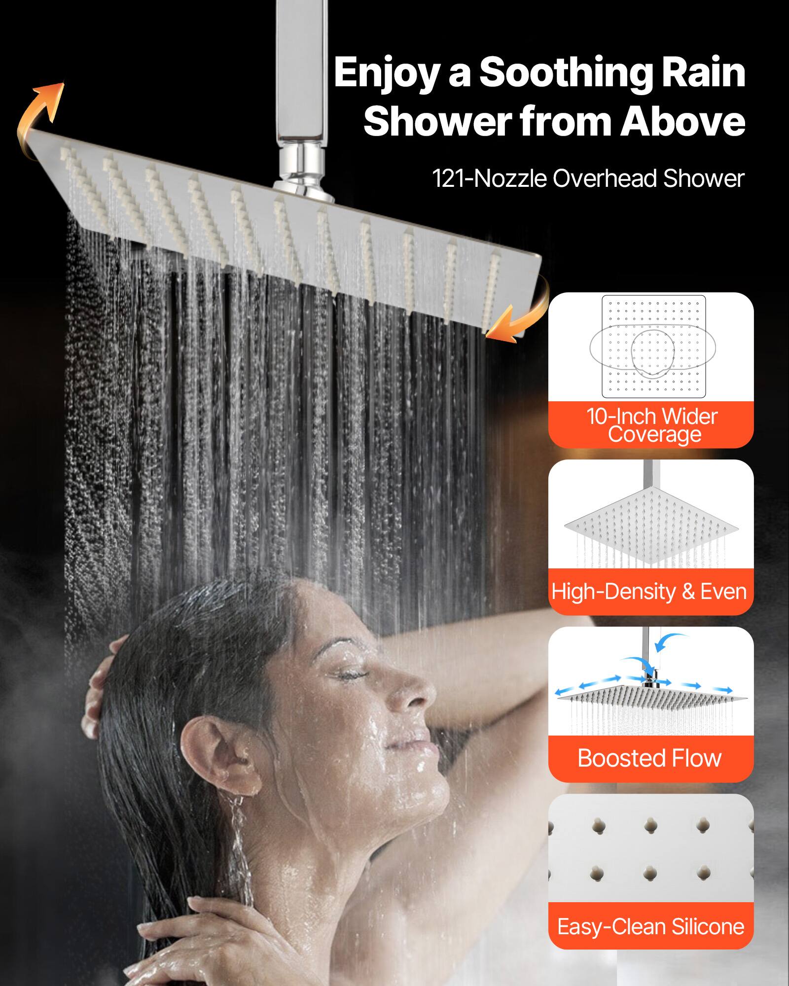Enjoy a Soothing Rain Shower from Above

121-Nozzle Overhead Shower

- 10-Inch Wider Coverage
- High-Density & Even
- Boosted Flow
- Easy-Clean Silicone