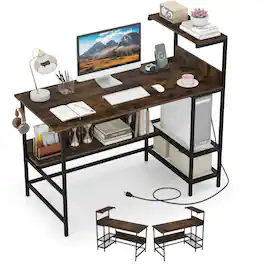 Costway - 48" Computer Desk with Power Outlets, Storage Shelves, Headphone Hook for Gaming - Rustic Brown