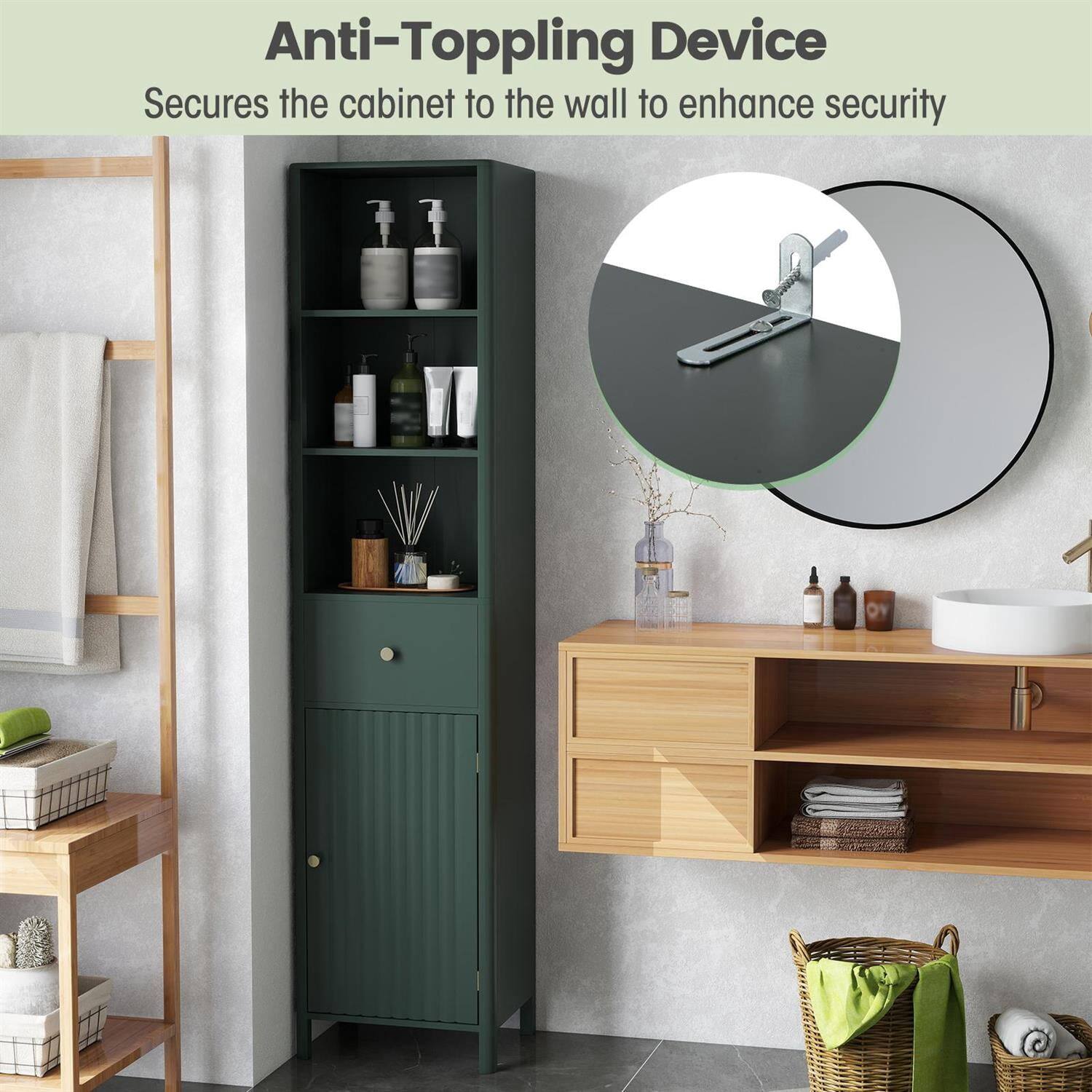 Anti-Topping Device  
Secures the cabinet to the wall to enhance security