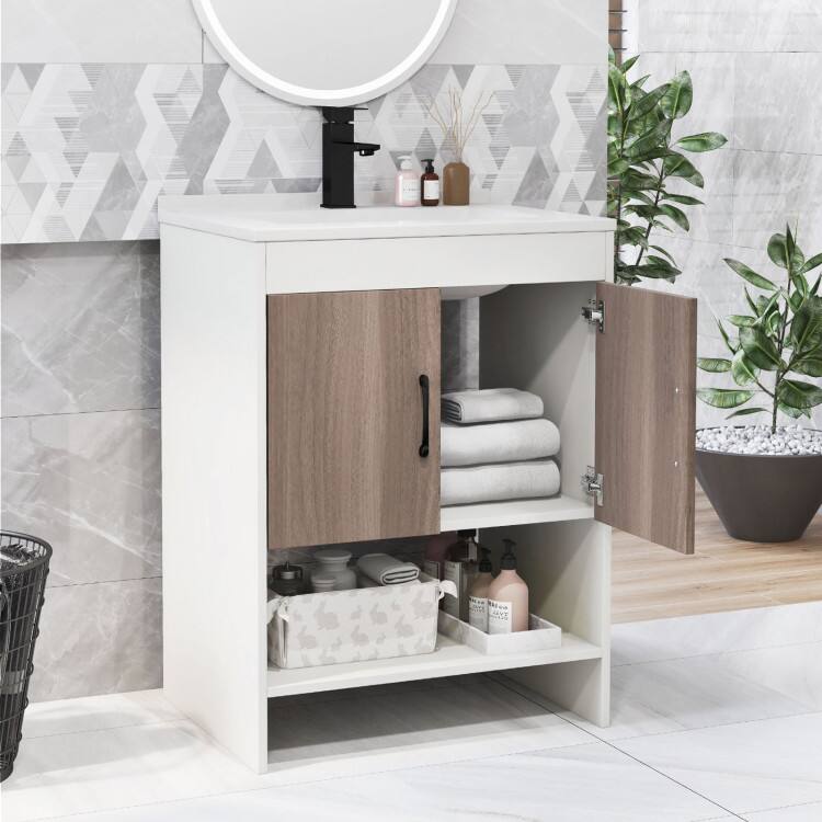 Left. SlickBlue - Bathroom Vanity Sink Combo Cabinet with Doors and Open Storage Shelf - White.
