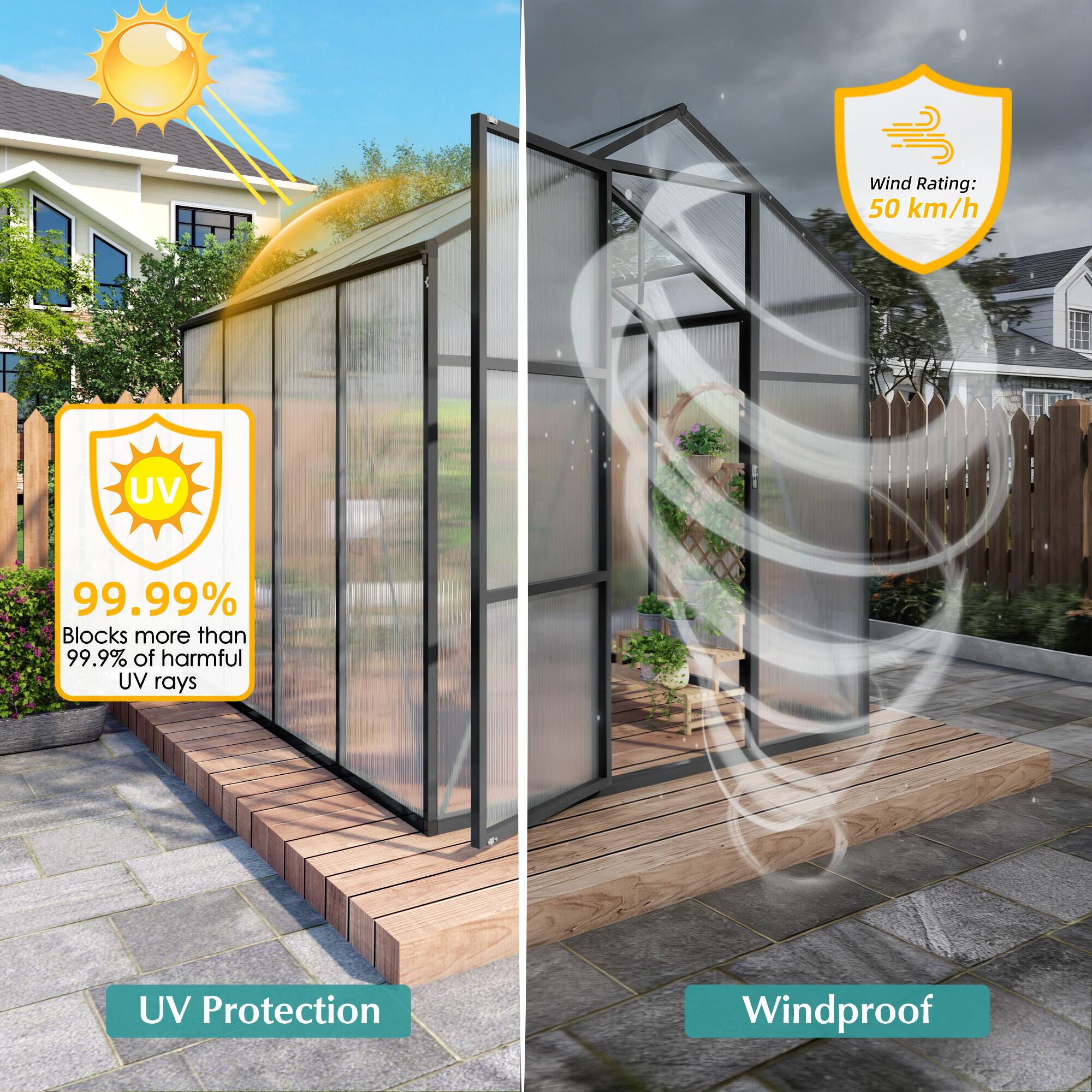 Wind Rating: 50 km/h  
UV 99.99%  
Blocks more than 99.9% of harmful UV rays  
UV Protection  
Windproof