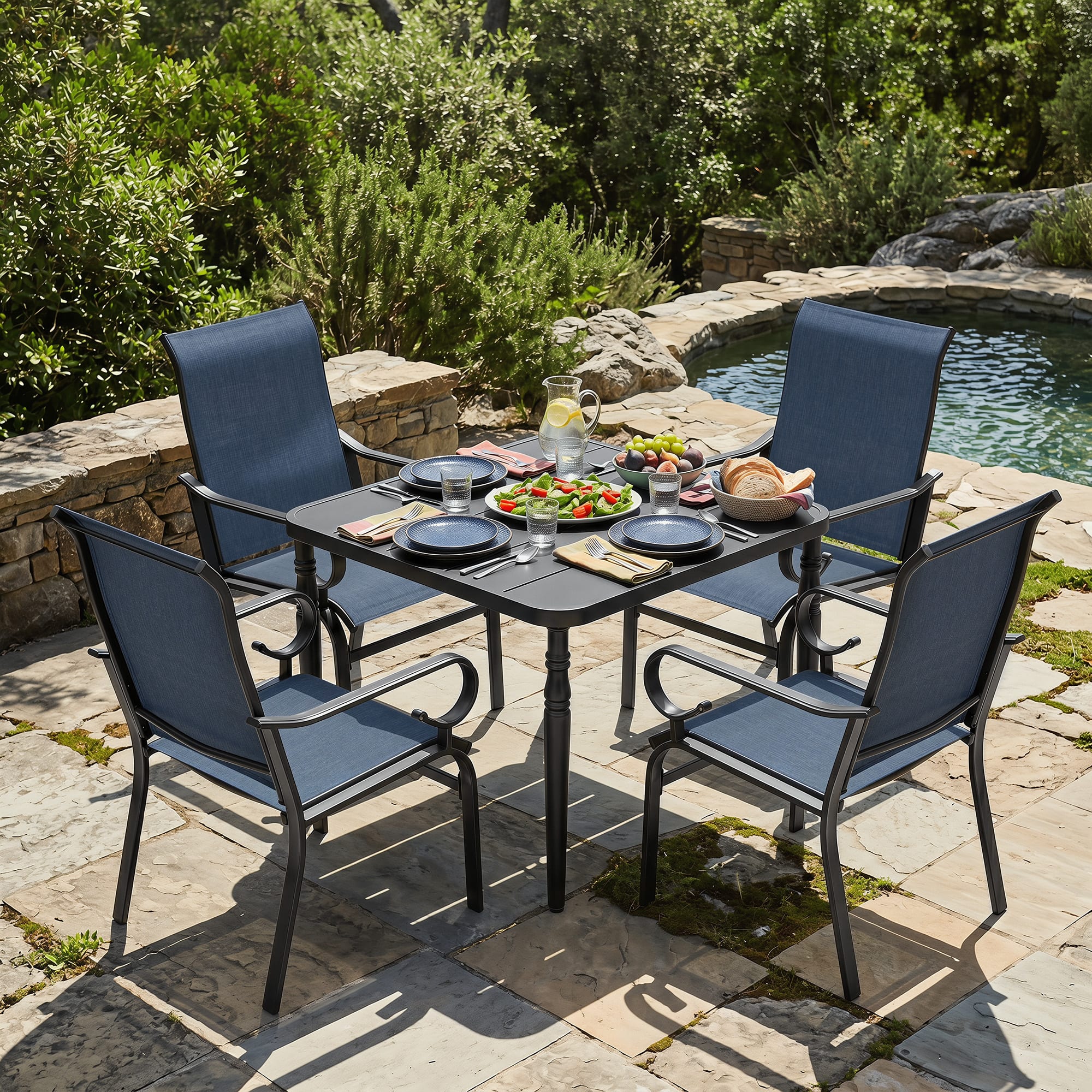 Nuu Garden - 5-Piece Patio Dining Set with Umbrella Hole, Breathable Textilene Fabric - Black and Blue price history on PriceWatchPro