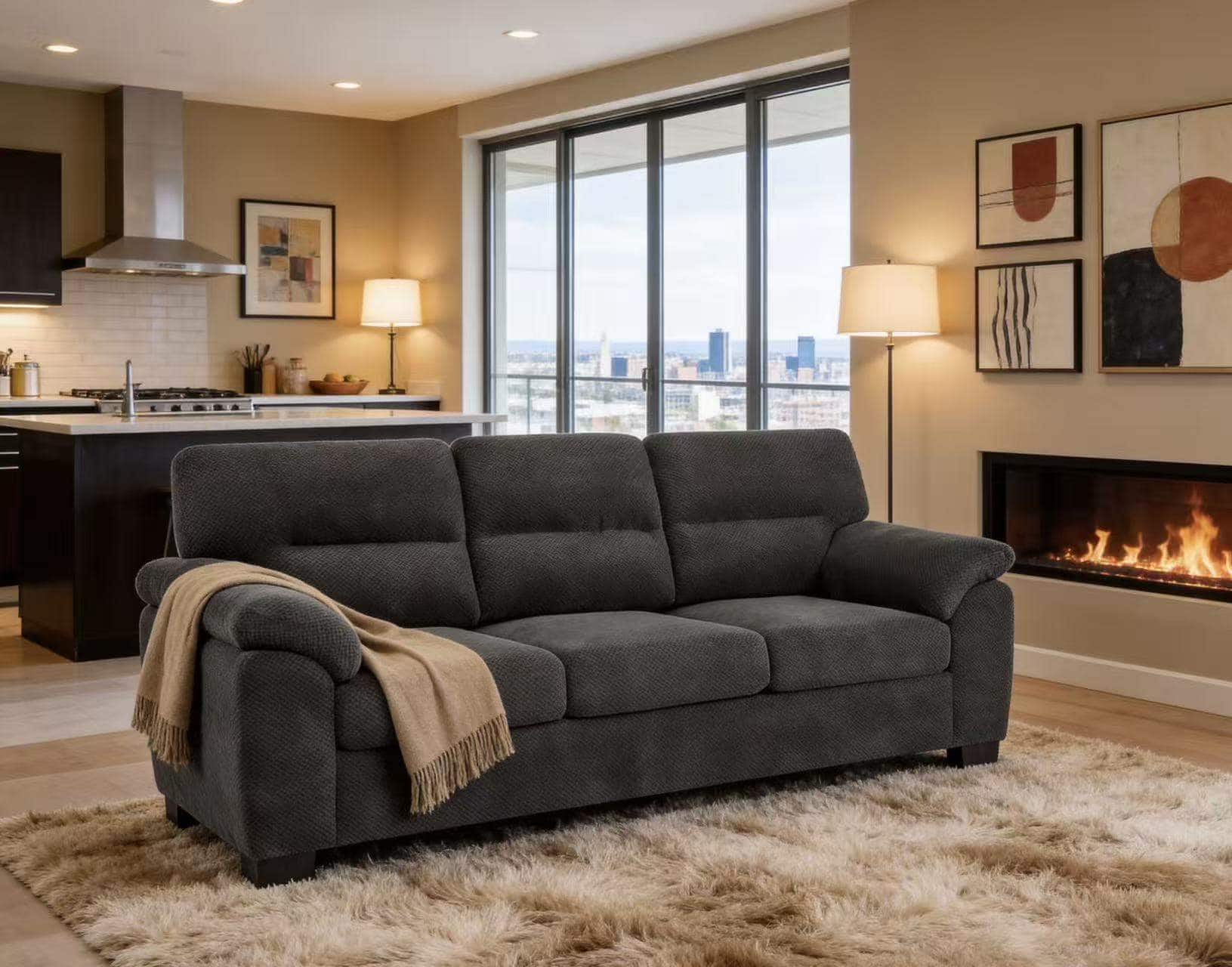 Roomtec - 3Seater Sofa Dark Gray Upholstered Couch Modern Living Room Furniture Textured Fabric Sofa Minimalist Settee - Dark Gray