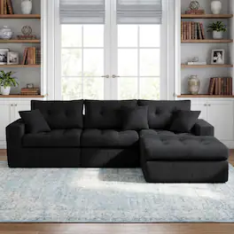 Ropilly - Black Corduroy Sectional Sofa, L Shaped Chaise Couch Convertible Sofa Bed - Black