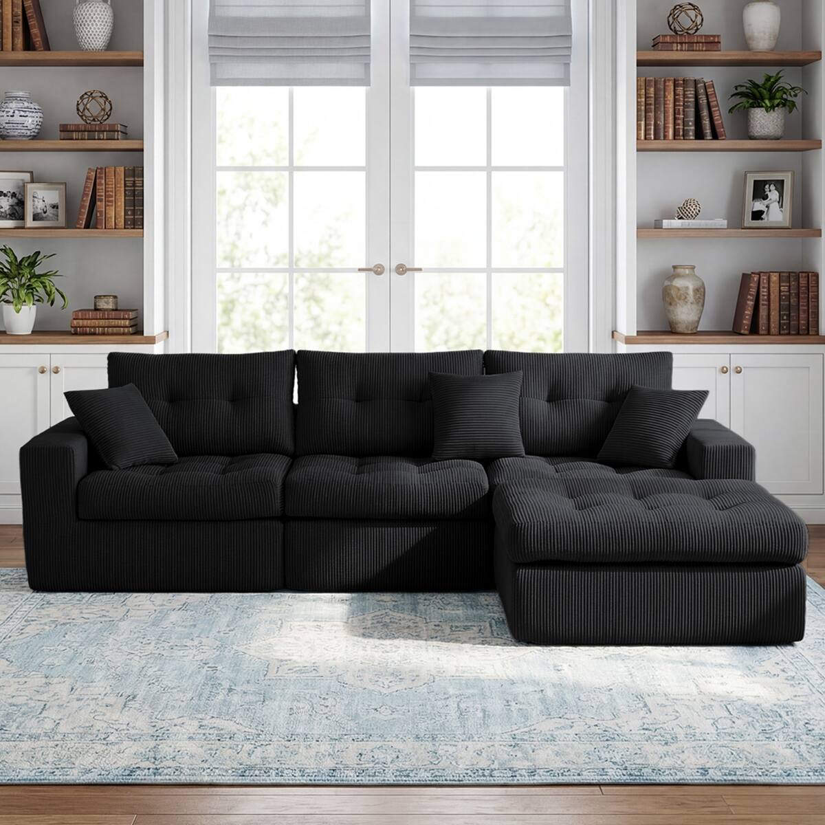 Front. Ropilly - Ropilly Black Corduroy Sectional Sofa, L Shaped Chaise Couch Convertible Sofa Bed - Black.