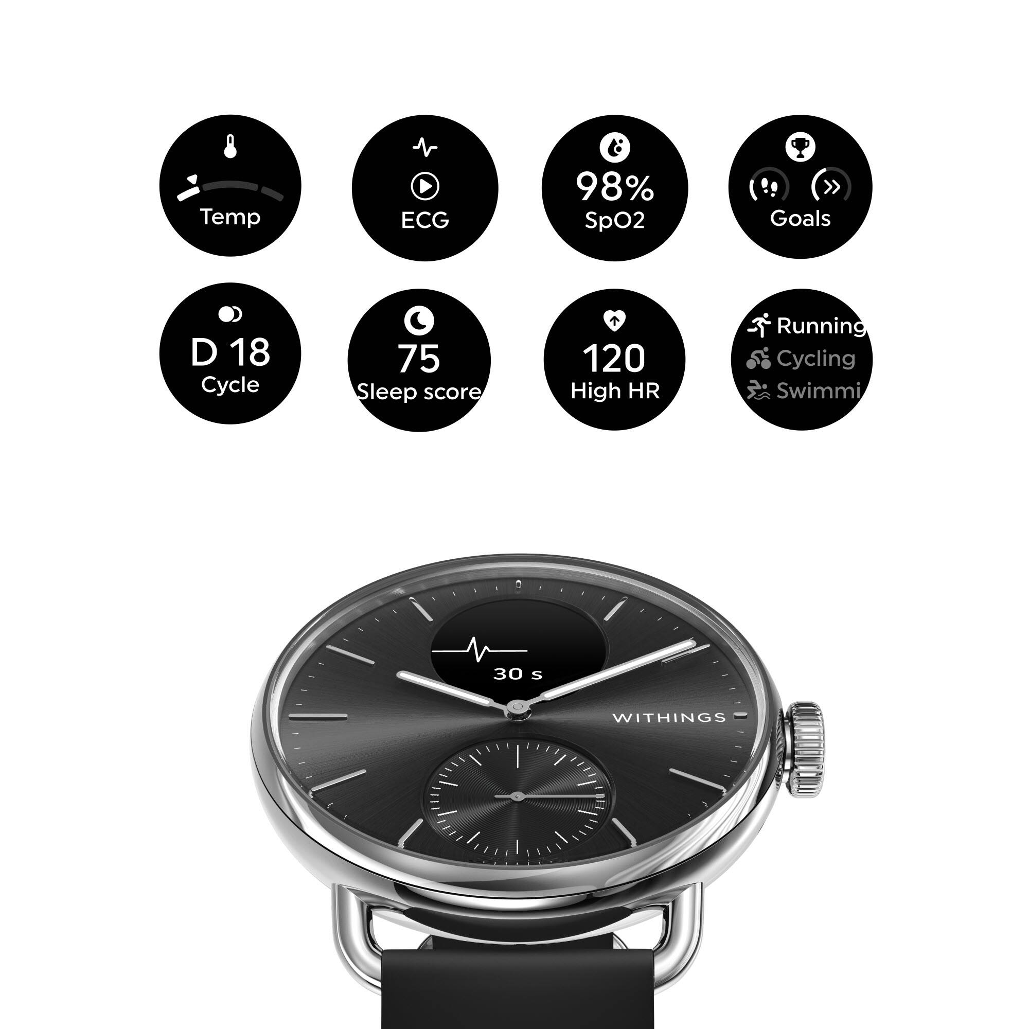 Left. Withings - ScanWatch 2 - Heart Health Hybrid Smartwatch - 38mm - Black/Silver.