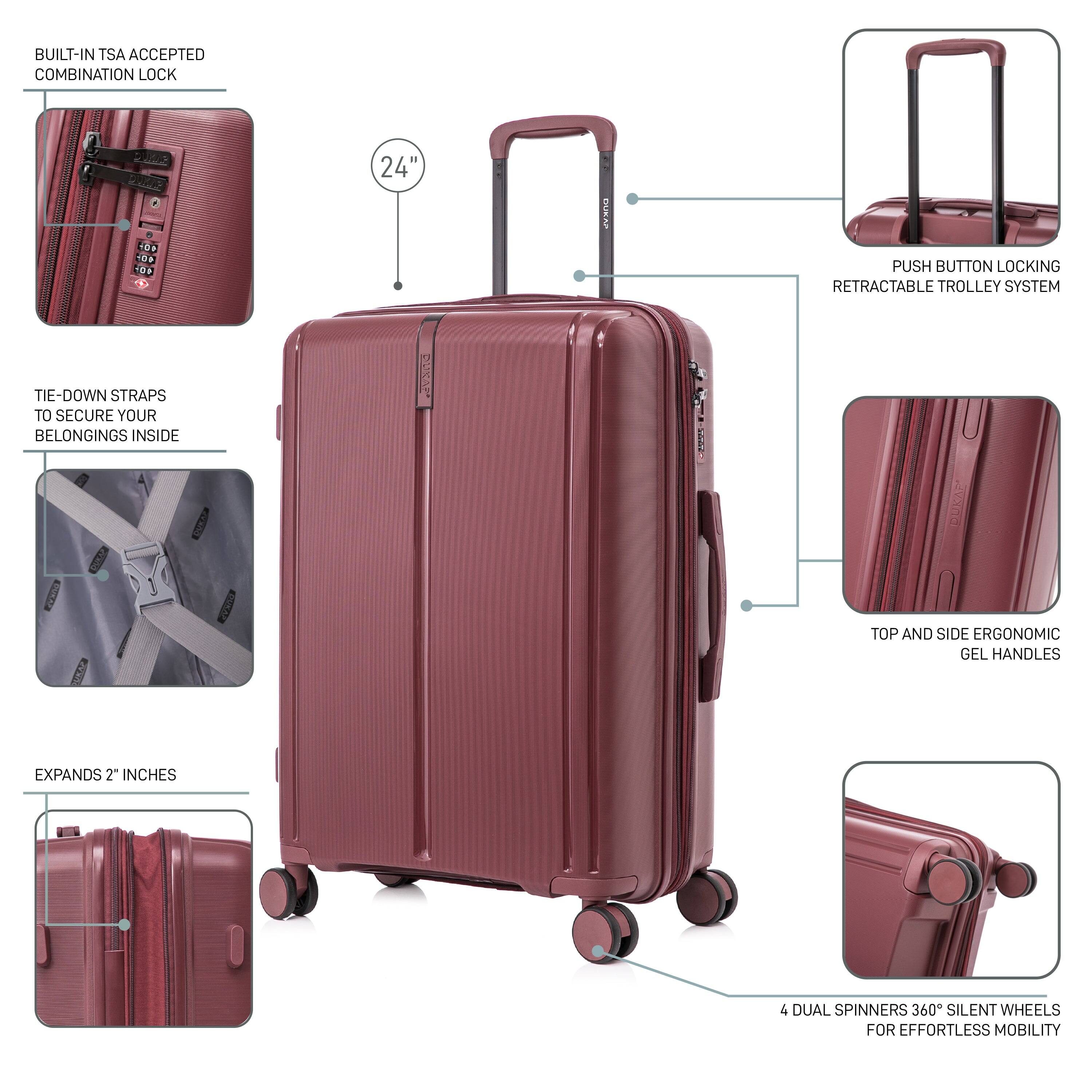 - Built-in TSA accepted combination lock
- 24" height
- Tie-down straps to secure your belongings inside
- Expands 2" inches
- Push button locking retractable trolley system
- Top and side ergonomic gel handles
- 4 dual spinners 360° silent wheels for effortless mobility