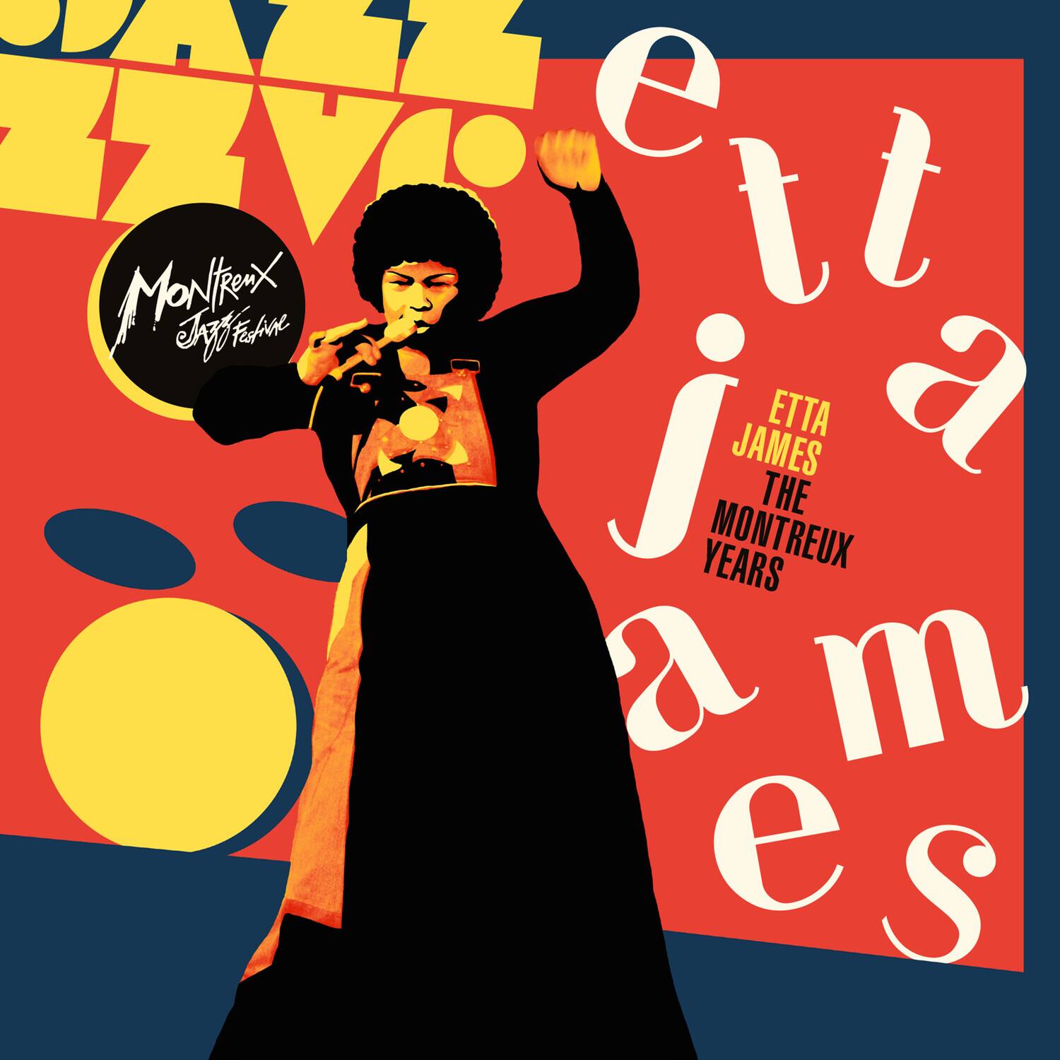 Sure, here is the corrected and grouped text from the image:

---

**JAZZ FESTIVAL**

**Montreux Jazz Festival**

**ETTA JAMES**  
**THE MONTREUX YEARS**

---

The text is arranged as follows:

- "JAZZ FESTIVAL" is at the top in large yellow letters.
- "Montreux Jazz Festival" is in a circular logo on the left side.
- "ETTA JAMES" is in bold black letters.
- "THE MONTREUX YEARS" is below "ETTA JAMES" in smaller black letters.