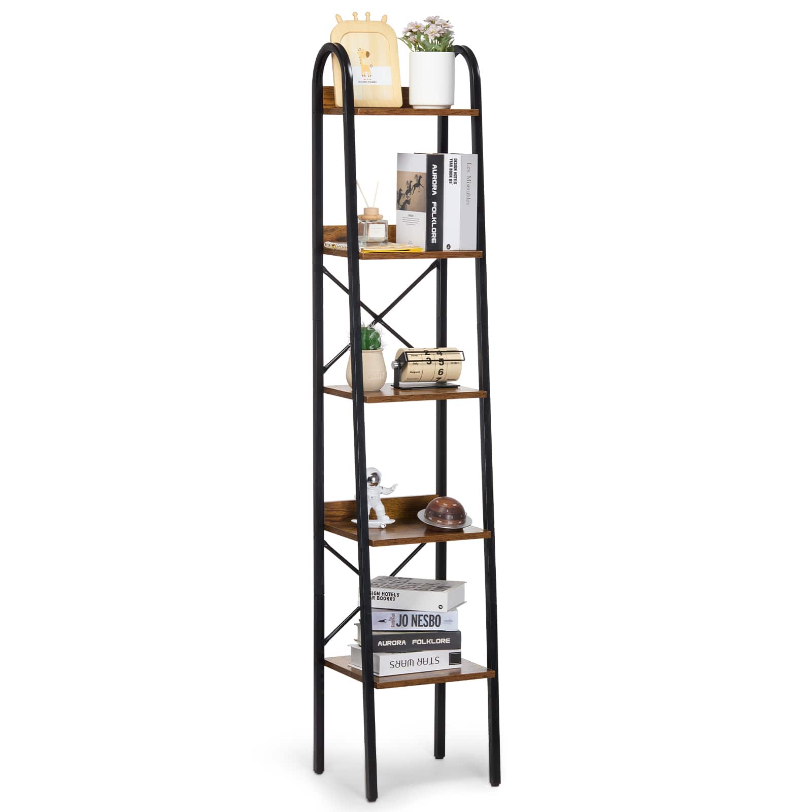 VEVOR - Metal Bookshelf, 5-Tier Industrial Bookshelf, Tall Narrow Rustic Vintage Storage Bookcase with Open Shelves - Brown