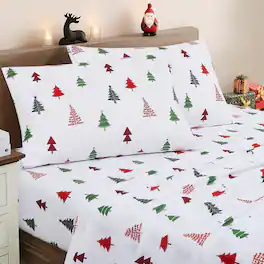 Sweet Home Collection - Printed Holiday 4pc Sheet Sets, Easy Care, Soft & Wrinkle-Resistant Holiday Bedding, Queen - Holly Trees