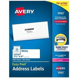 Avery - Easy Peel Laser Address Labels, 1-1/3" x 4", 3,500 Labels/Box - Matte White