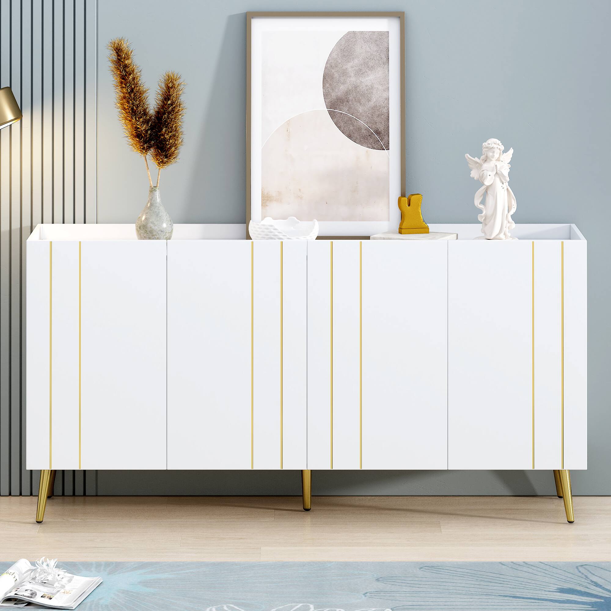 Alt View 1. Spaco - Spaco 70" Shoe Cabinet with 4 Adjustable Shelves, Gold Trim Doors & Metal Legs, Multifunctional for Living Room - White.