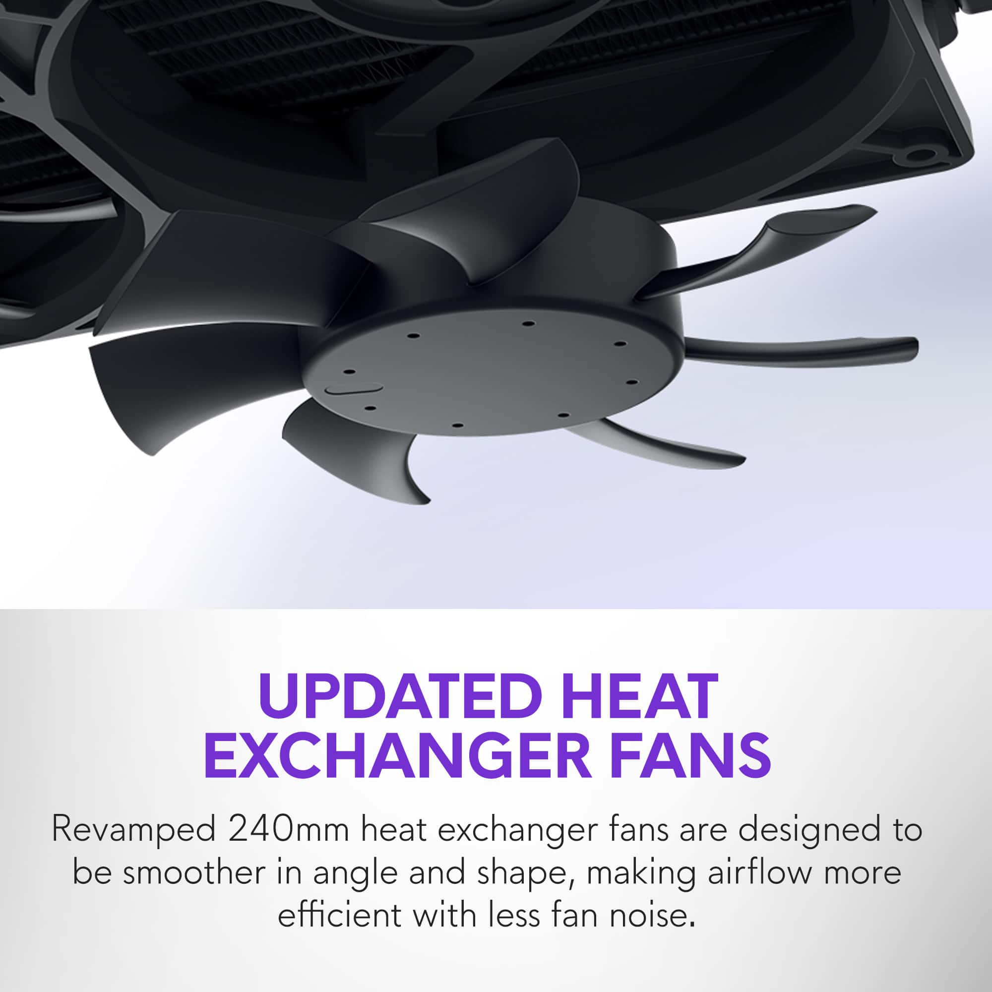 UPDATED HEAT EXCHANGER FANS
Revamped 240mm heat exchanger fans are designed to be smoother in angle and shape, making airflow more efficient with less fan noise.