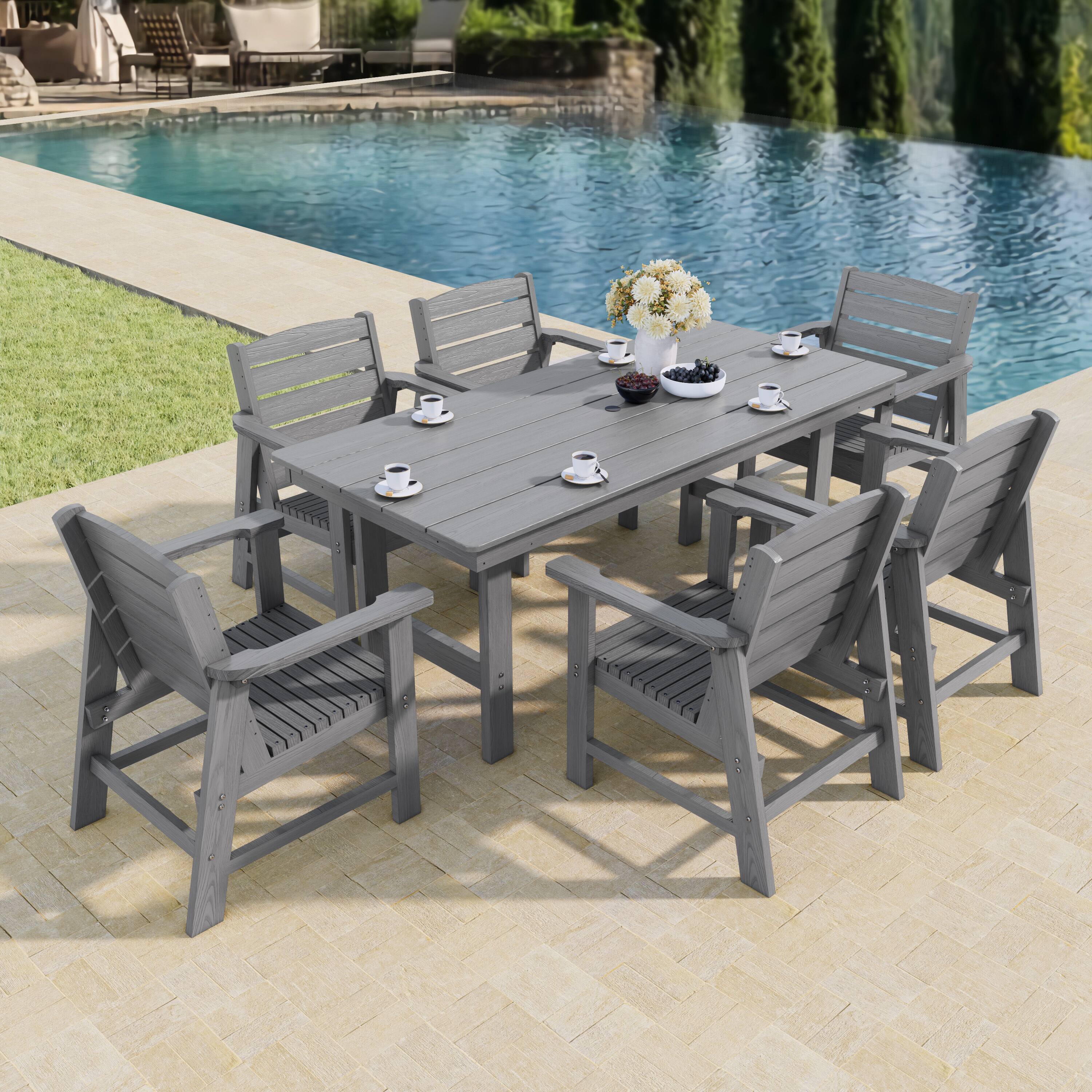 Front. Fortune Candy - Modern HDPE Patio Dining Set, 7-Piece Poly Lumber Table & Chairs with Umbrella Hole, Weather-Resistant for Yard & Lawn - Gray.