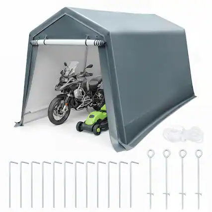 Front. WELLFOR - 8.3 x 14 Feet Outdoor Storage Shed with Roll-Up Zipper Door - Gray.